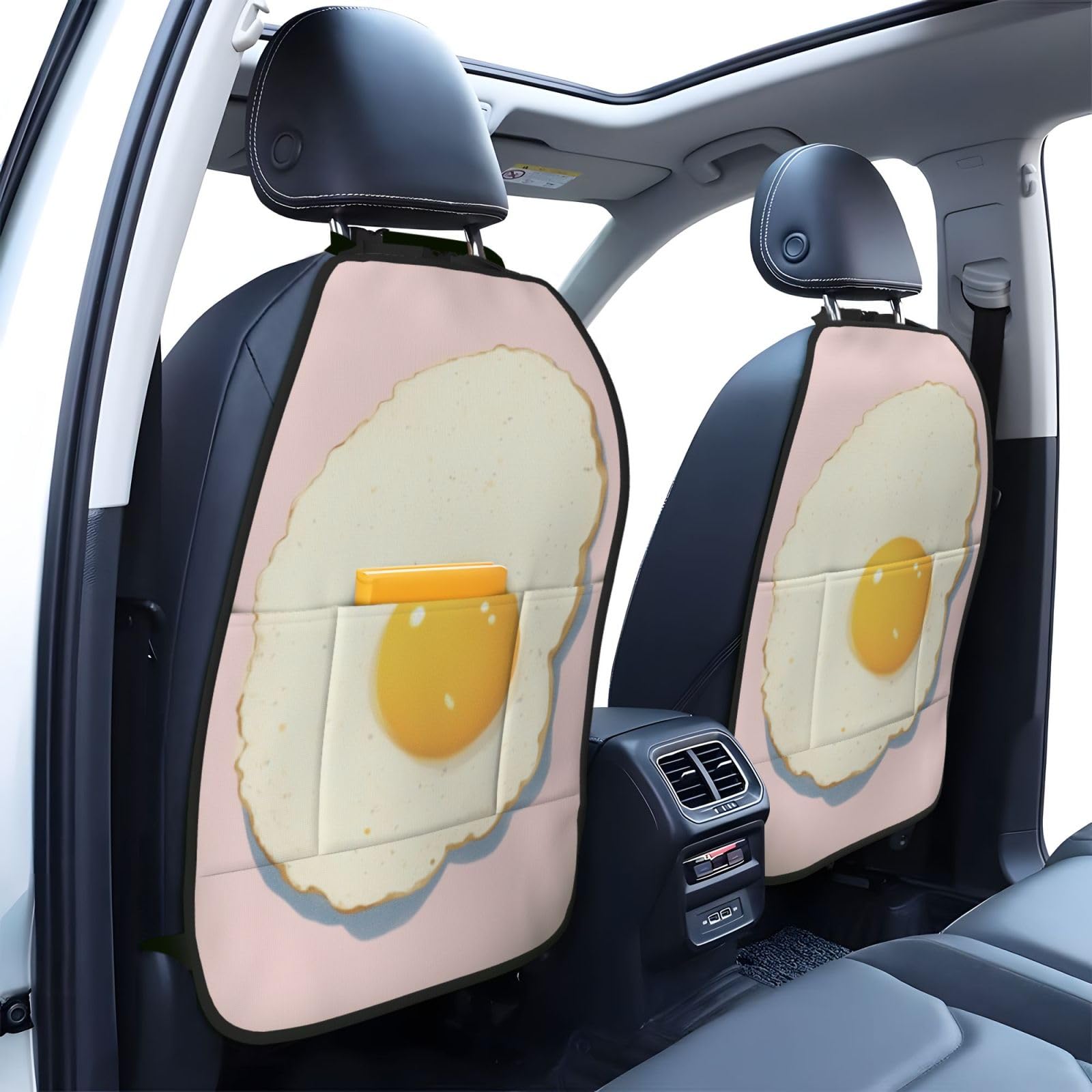 Egg Sunny Side Up Car Seat Back Kick Protectors,2 Pack Kick Mats with Storage Pockets for Vehicles to Protect from Dirt Mud Scratches