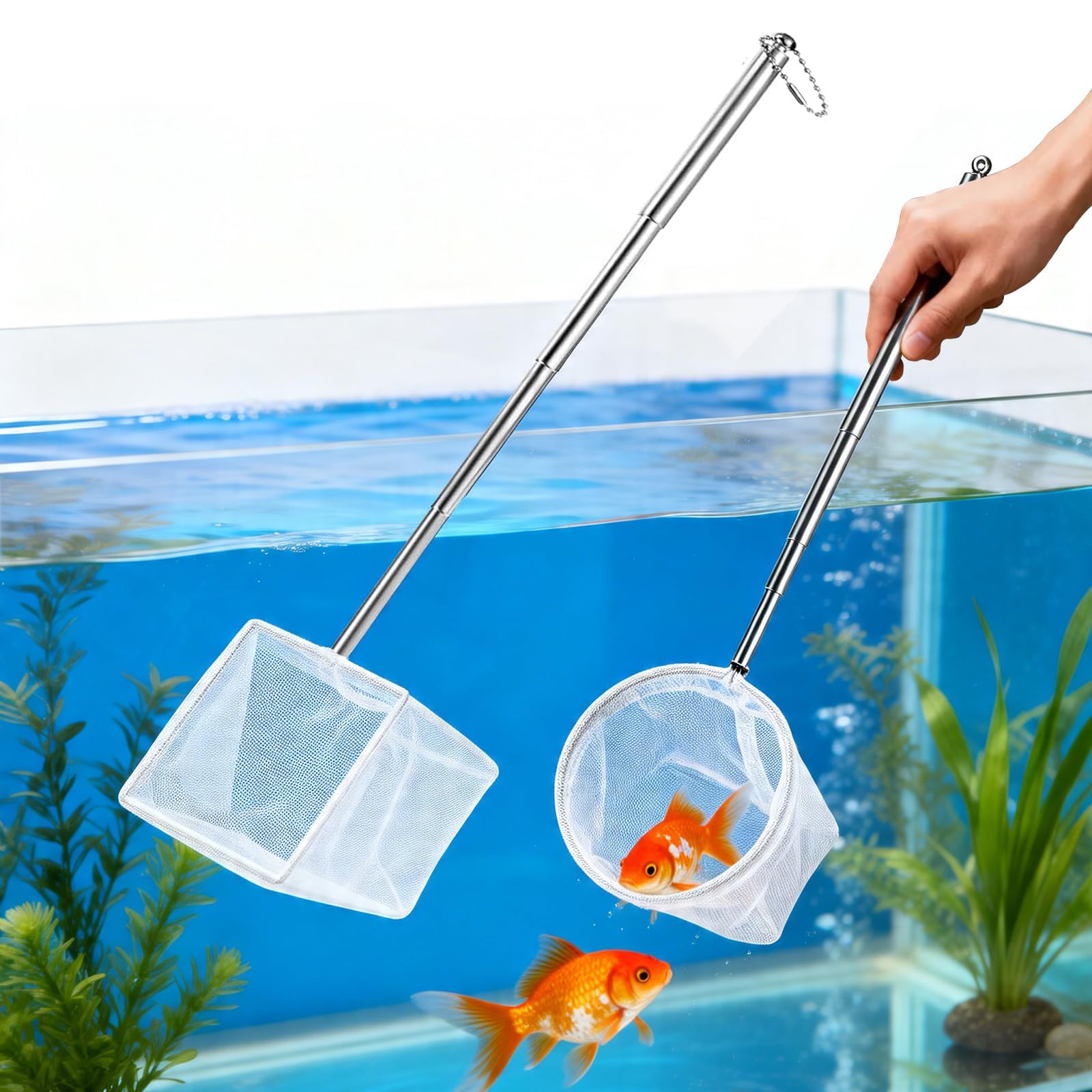 Aquarium Fishing Net Extendable Stainless Steel Handle Square & Round White Fine Mesh for Fish Tank, Aquarium,Small Ponds-picture-32