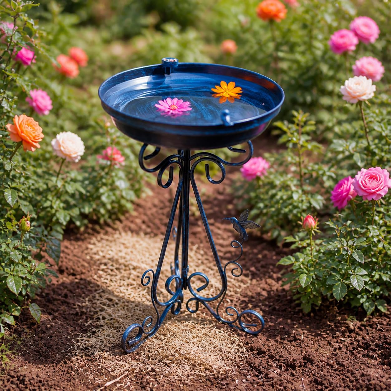 Vogeltränke Gartendeko, Dunkelblaue Metall Vogeltränke mit Ständer, 1000ml Vogelbad für Wildvögel, 45cm Ornate Gartenstecker Stehend