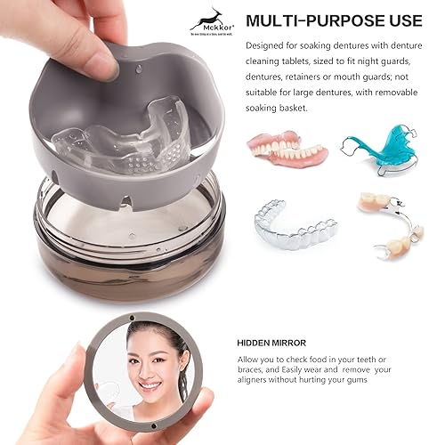 Miniatura 4 de Taza de dentadura postiza, caja de baño sin fugas para viajar perfectamente, taza de dentadura con colador y espejo (blanco)