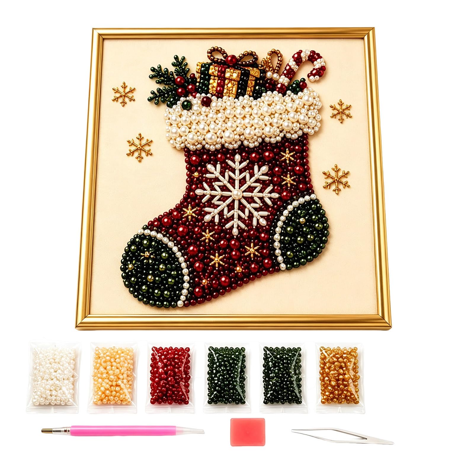 DIY Christmas Pearl Diamond Painting Art Kit with Frame, Home Decoration Art Craft Kit, Handmade Diamond Dot Beads Painting, Christmas Decoration
