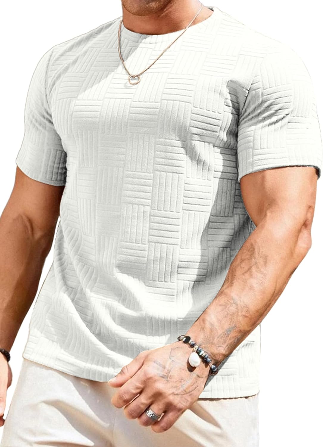 JMIERR Mens T-Shirt Casual Stretch Solid Crewneck Short Sleeve Tees Textured Shirts