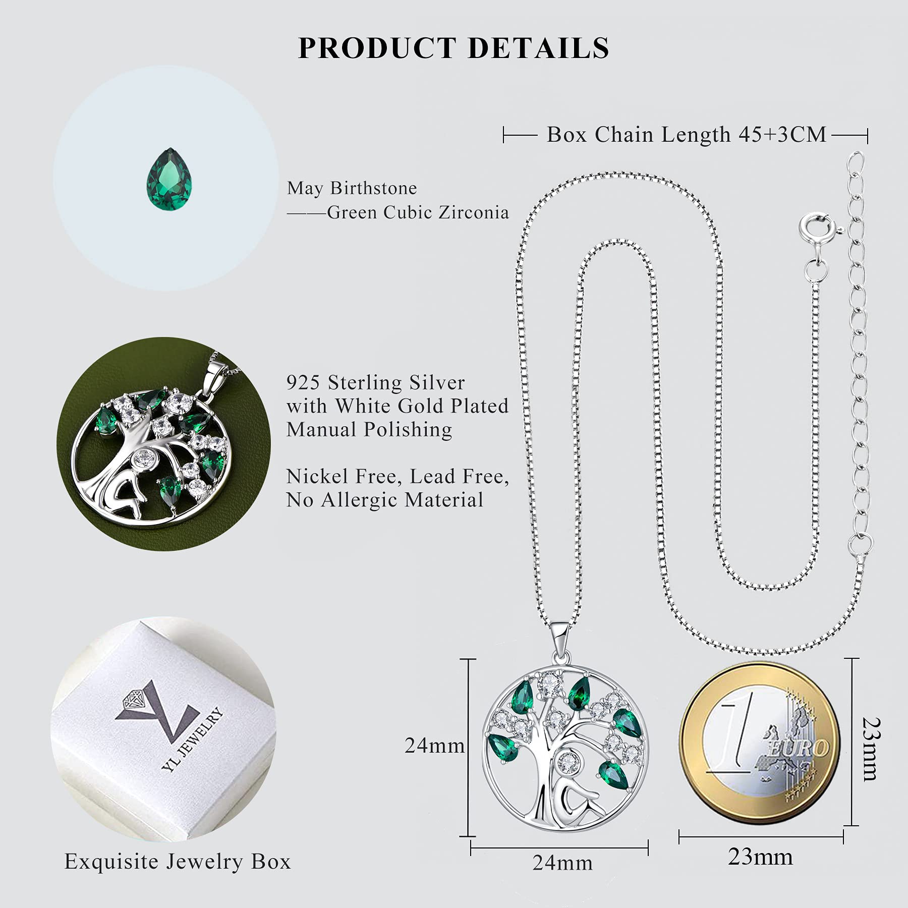 YL Collana Albero della Vita Argento 925 con 12 Pietra portafortuna Zirconia cubica Ciondolo per Donna,45+3 CM