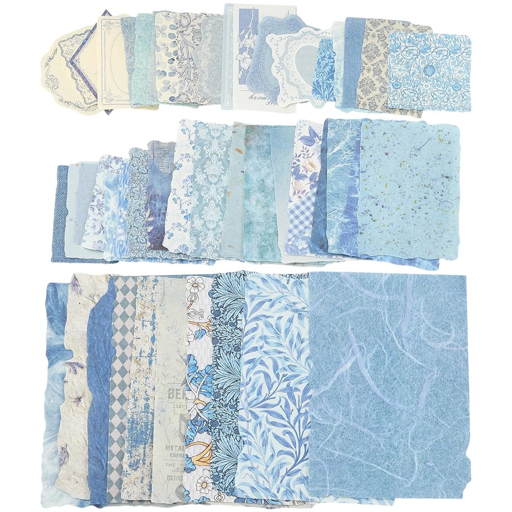 SOFPLATE 50 Styles 100 Sheets Collage Paper Sheets Scrapbook Collage Paper Bulk Blue Assorted Pattern Aesthetic European Journal Sheets for DIY Crafts Gifts Junk Journal Collage Ephemera Supplies