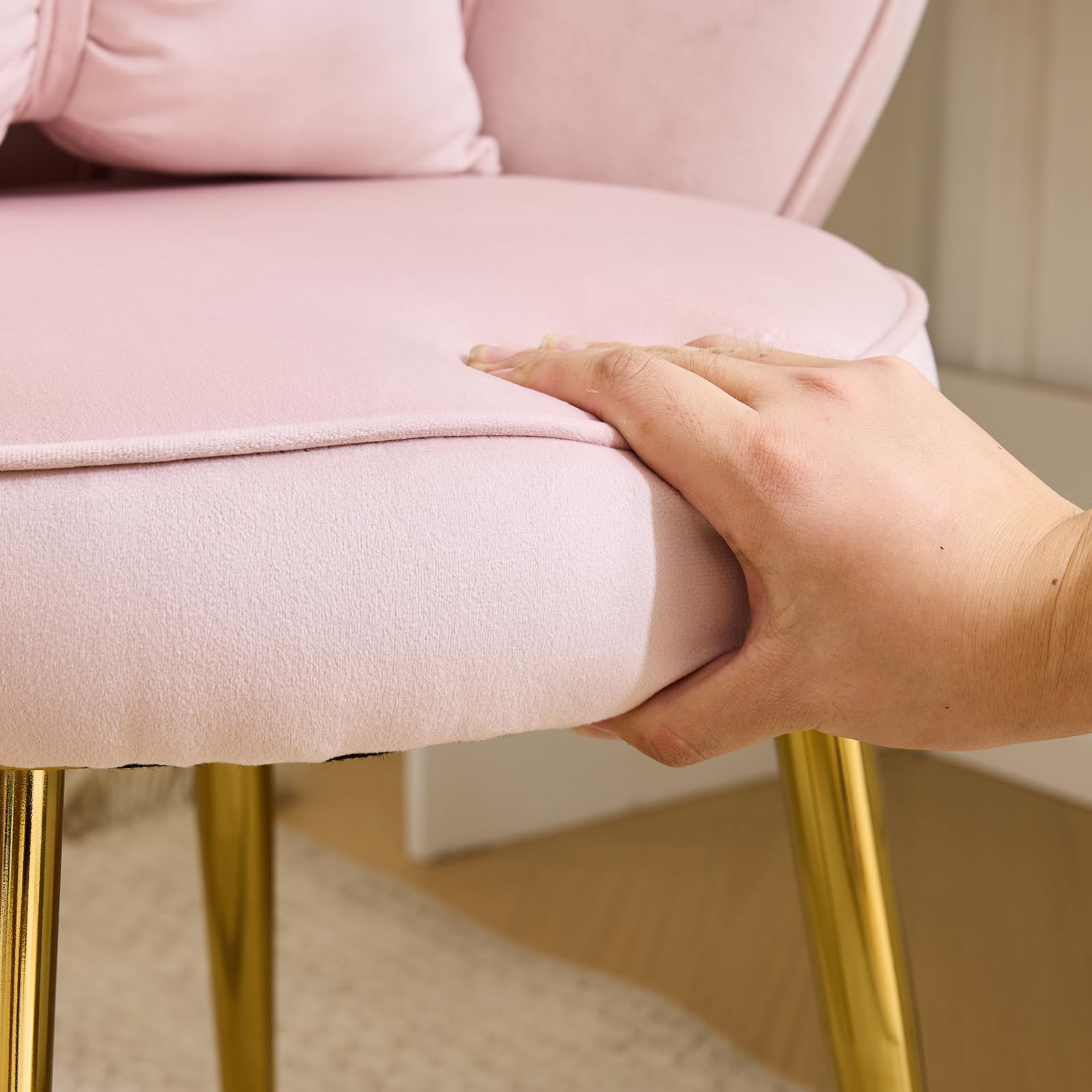 Schminktisch Stuhl mit Blütenblatt-Rückenlehne, Sessel Wohnzimmer, Lesesessel mit Schleifenkissen (Rosa)