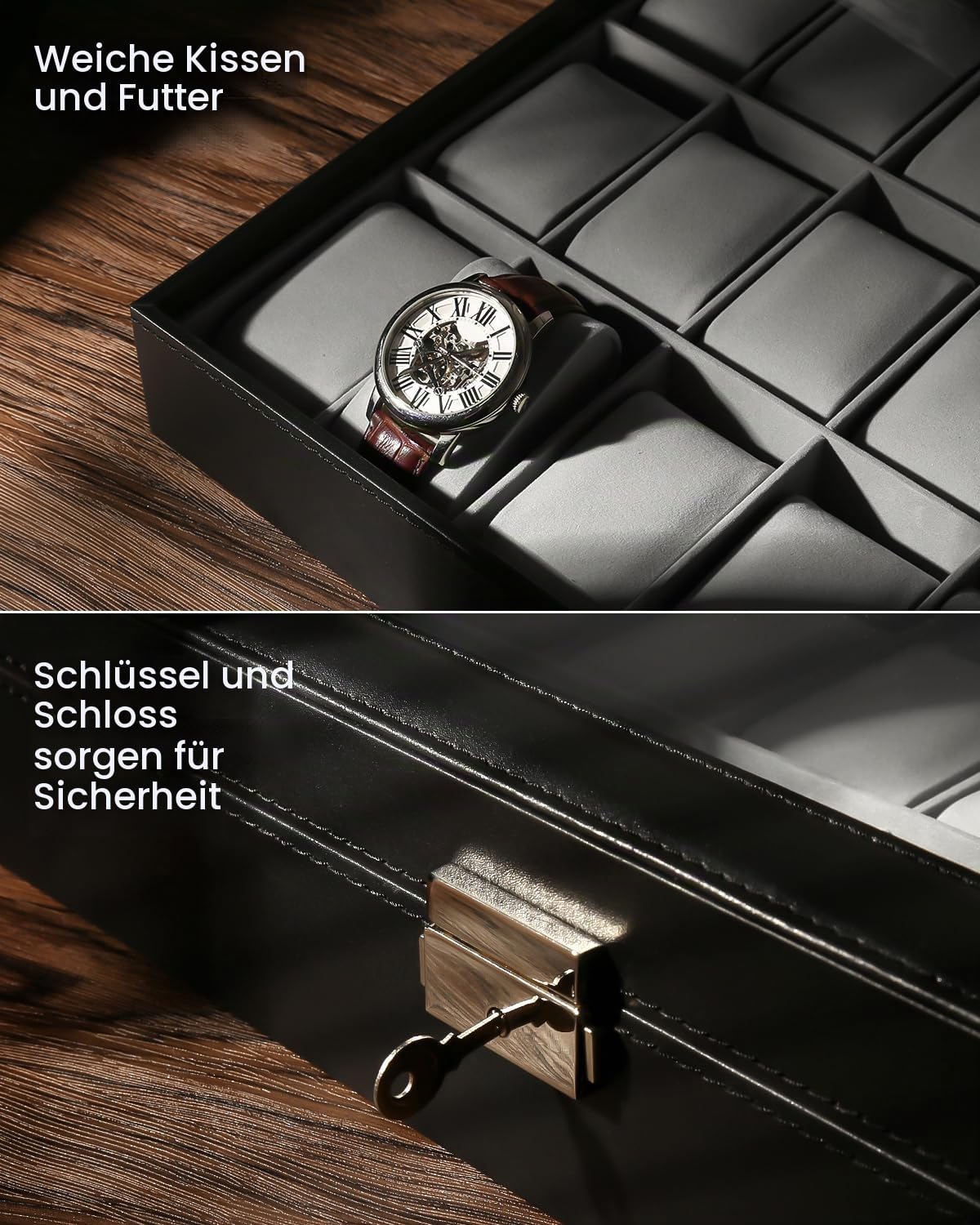 Mbuynow Uhrenbox 24 Uhren Uhrenkoffer Herren Uhrenbox Damen Uhrenkasten Herren Uhrenvitrine abschließbar für 24 Uhren aus kunstleather