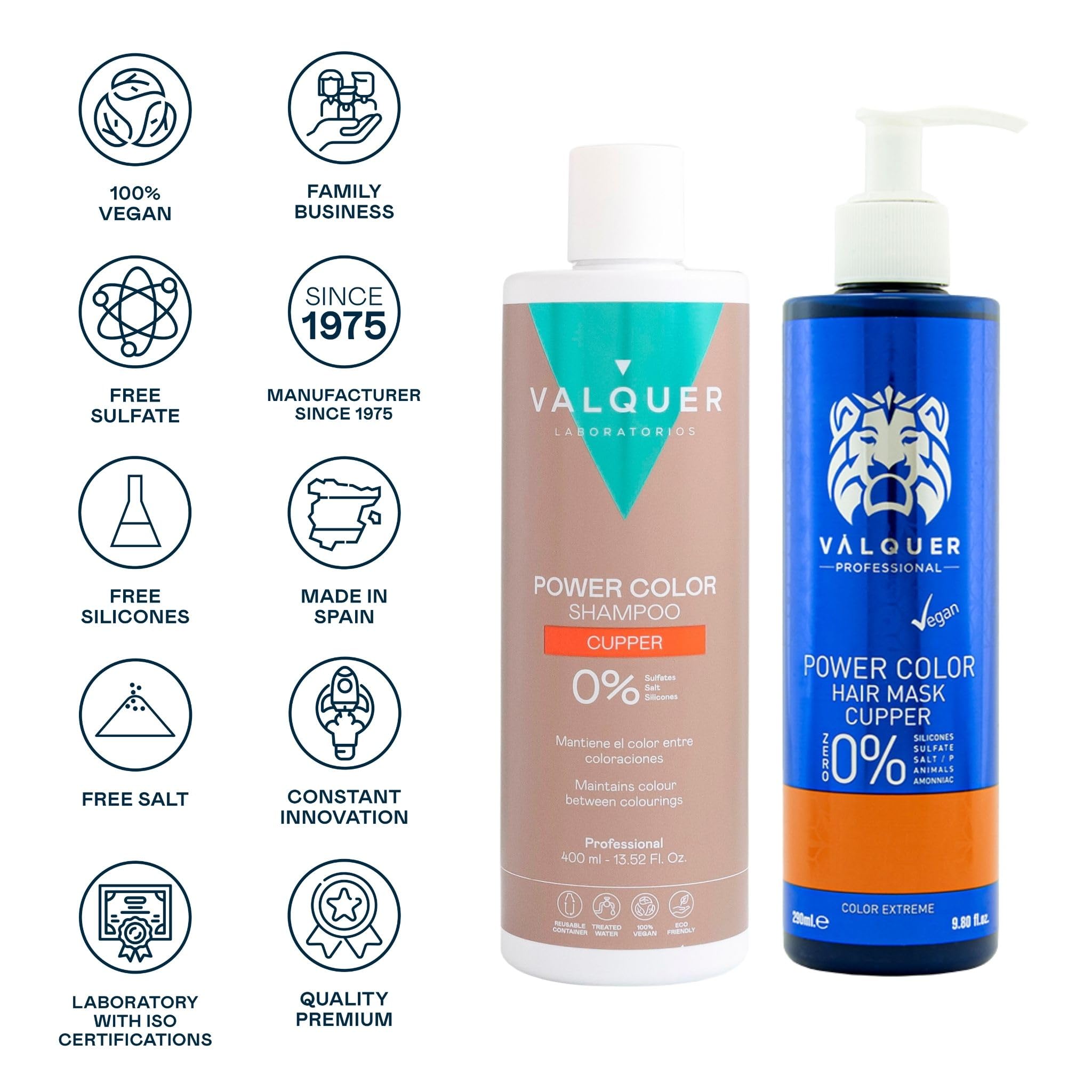 Valquer Pack Power Color Cabellos Teñidos Cobre: Champú 400 ml + Mascarilla 275 ml – Coloración Temporal