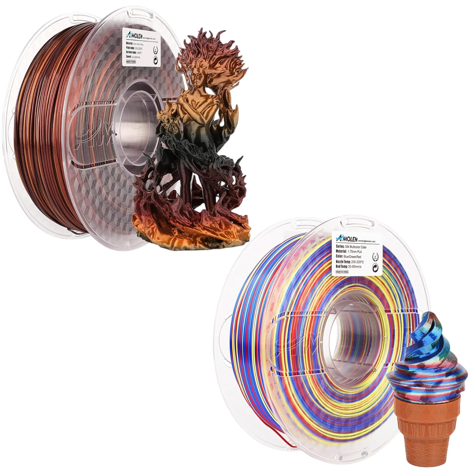 AMOLEN PLA 3D Printer Filament, PLA Filament 1.75mm Silk Shiny Black Red Gold & Fast Color Change Blue Red Green PLA