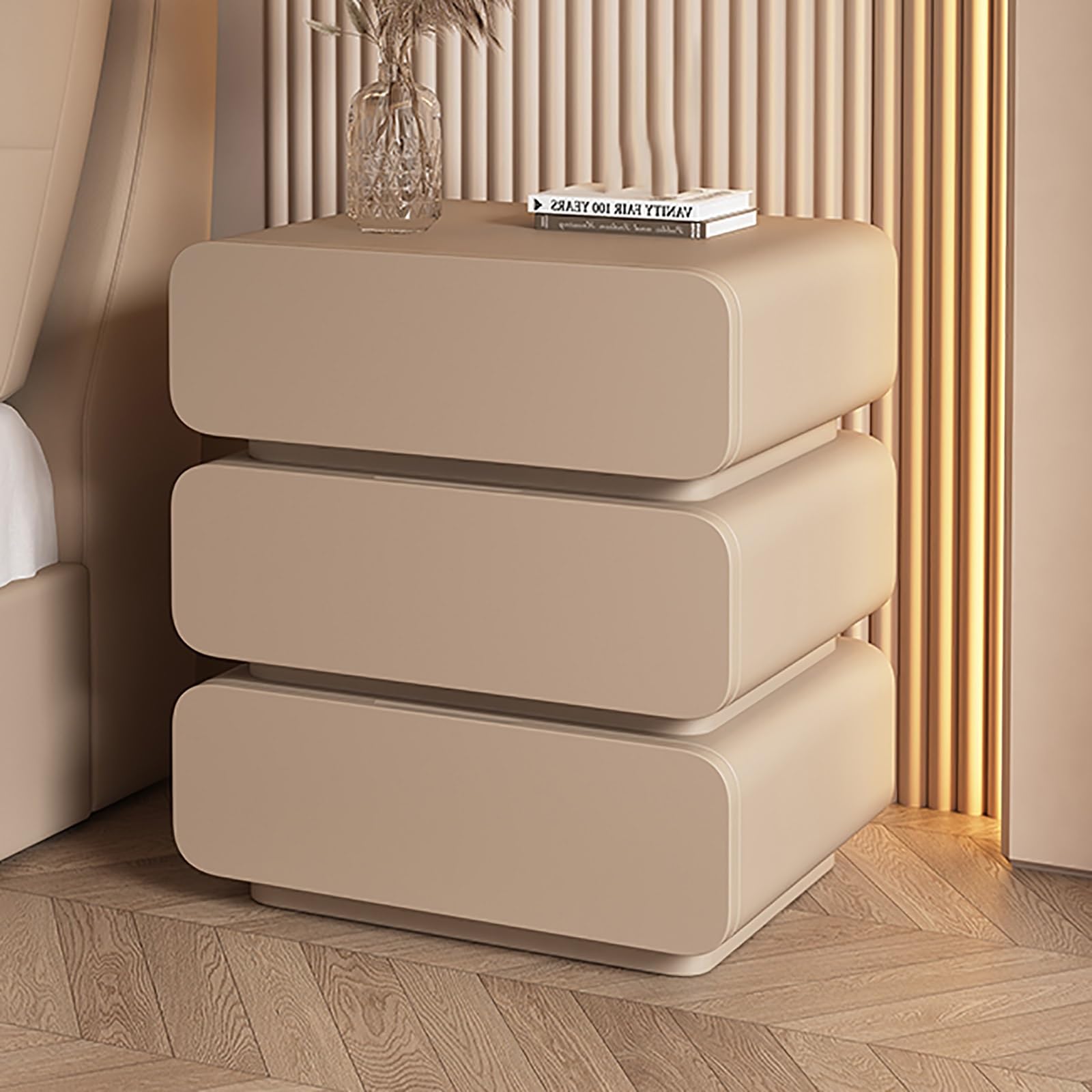 SXZenSpace Wooden Nightstand with 3 Drawers Hidden Handle SpaceSaving Storage Cabinet Ideal for Bedroom Living Room or Office (Khaki 50cm)
