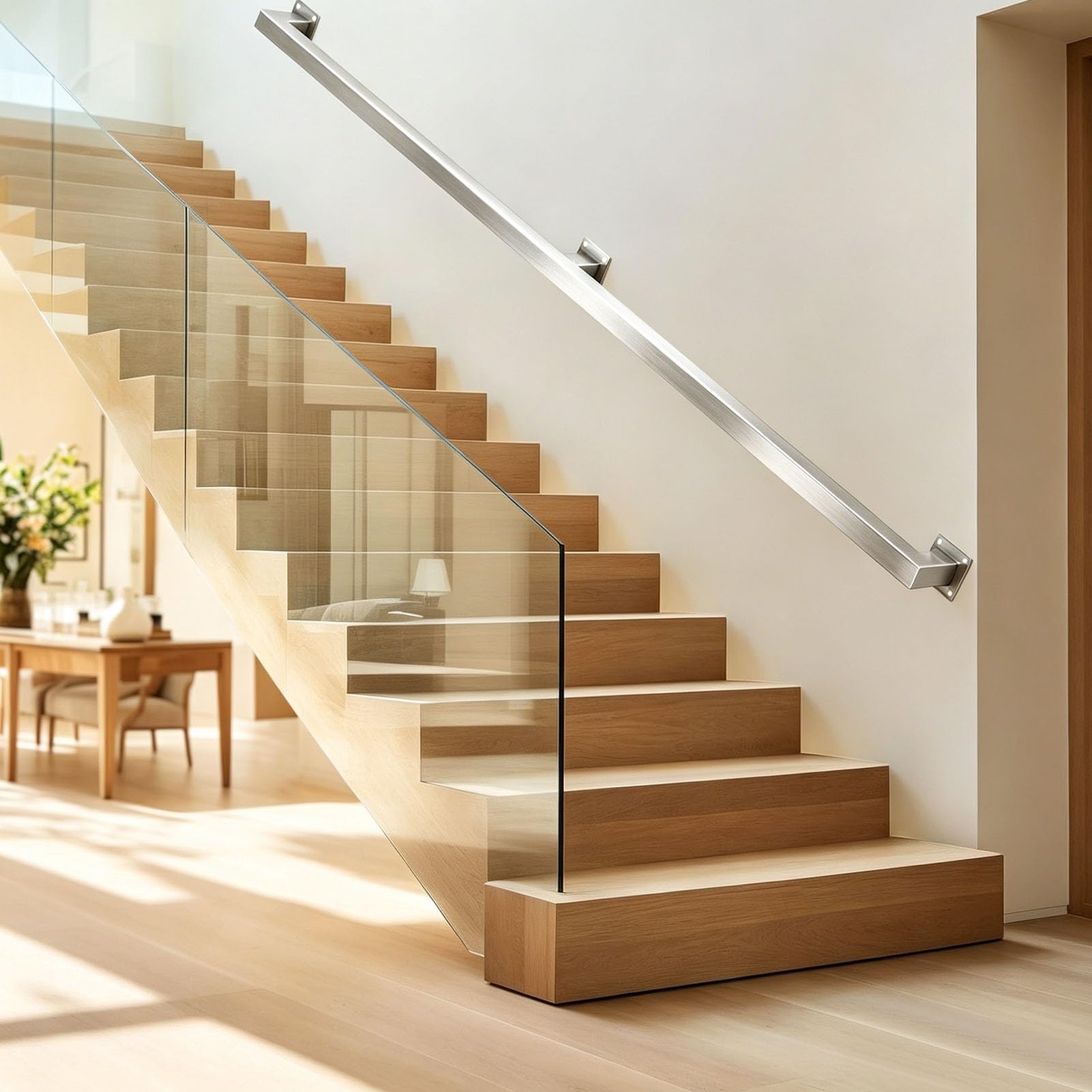 Junvstor Handrails for Stairs, Stainless Steel Banister Handrail Indoor Outdoor for Steps, Industrial Style Grab Stair Hand Rails with Wall Mounted Fittings – Loft Staircase Railing(16ft/480cm)