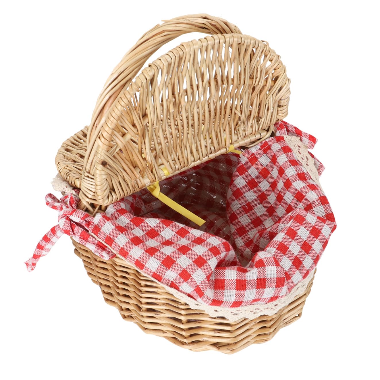 Cesta de Tejido de Mimbre para Picnic al Aire Libre Tapa, Tamaño 26x18x15 Cm, Color Natural Forro Rojo a Cuadros, Cesta Multiusos para Frutas y Alimentos