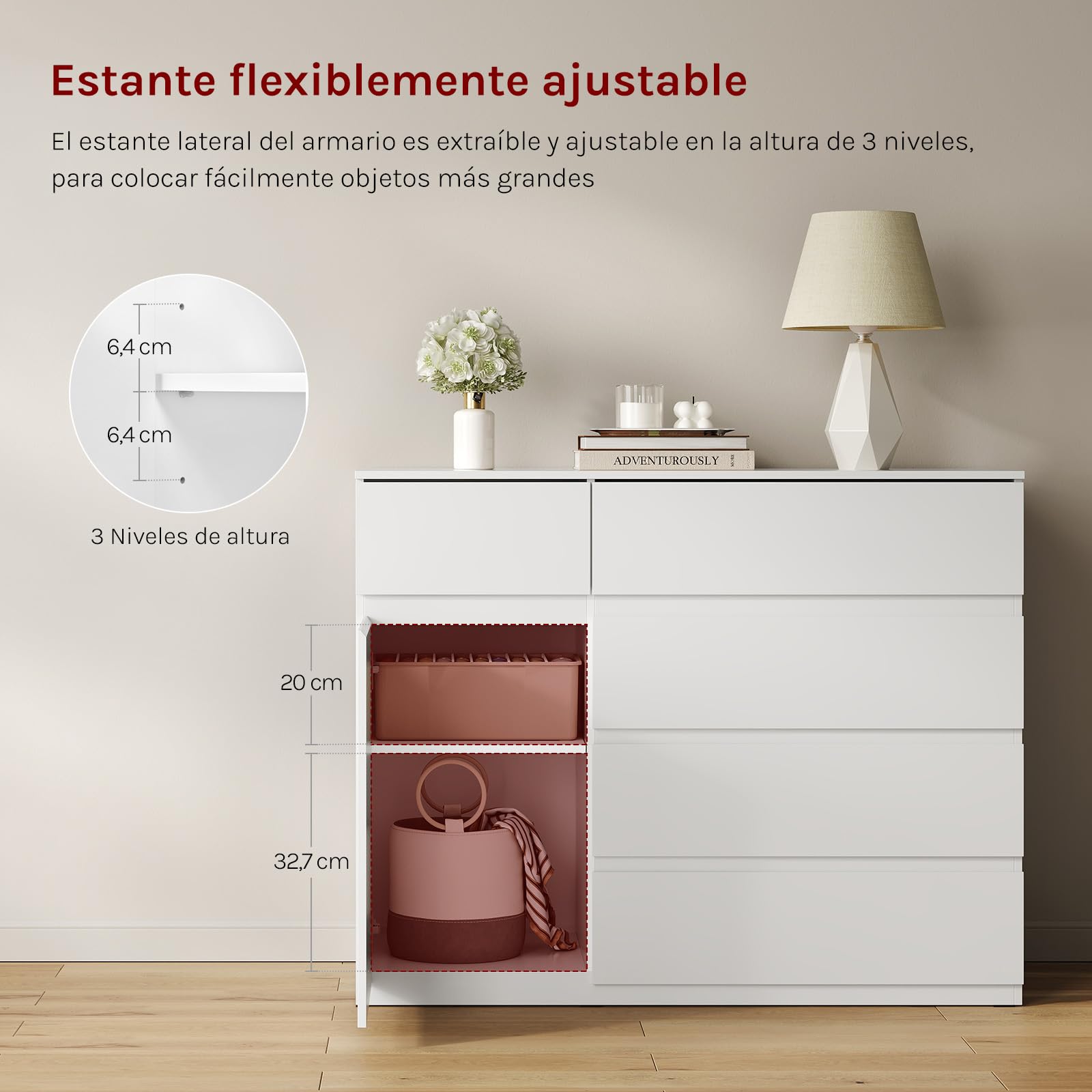 WOLTU Cómoda Cajonera de 5 Cajones y 1 Puerta con Estante Ajustable, Cajonera Organizador de Almacenamiento, para Dormitorio, Salón y Pasillo, 100x40x80 cm, Blanco