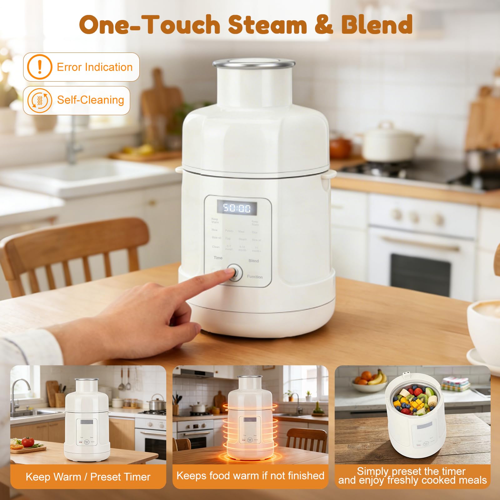 Robot cuiseur mixeur bébé 500W — Tout-en-un : cuiseur vapeur, mixeur, chauffe-biberon — Purées pour tous âges — Écran tactile, programmes préréglés, auto-nettoyage — Acier inoxydable
