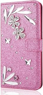 Ufgoszvp Funda para Samsung Galaxy A54 5G, piel sintética con plumas brillantes con purpurina, hebilla de diamante, absorción de golpes, delgada, con función atril, cierre magnético, color rosa