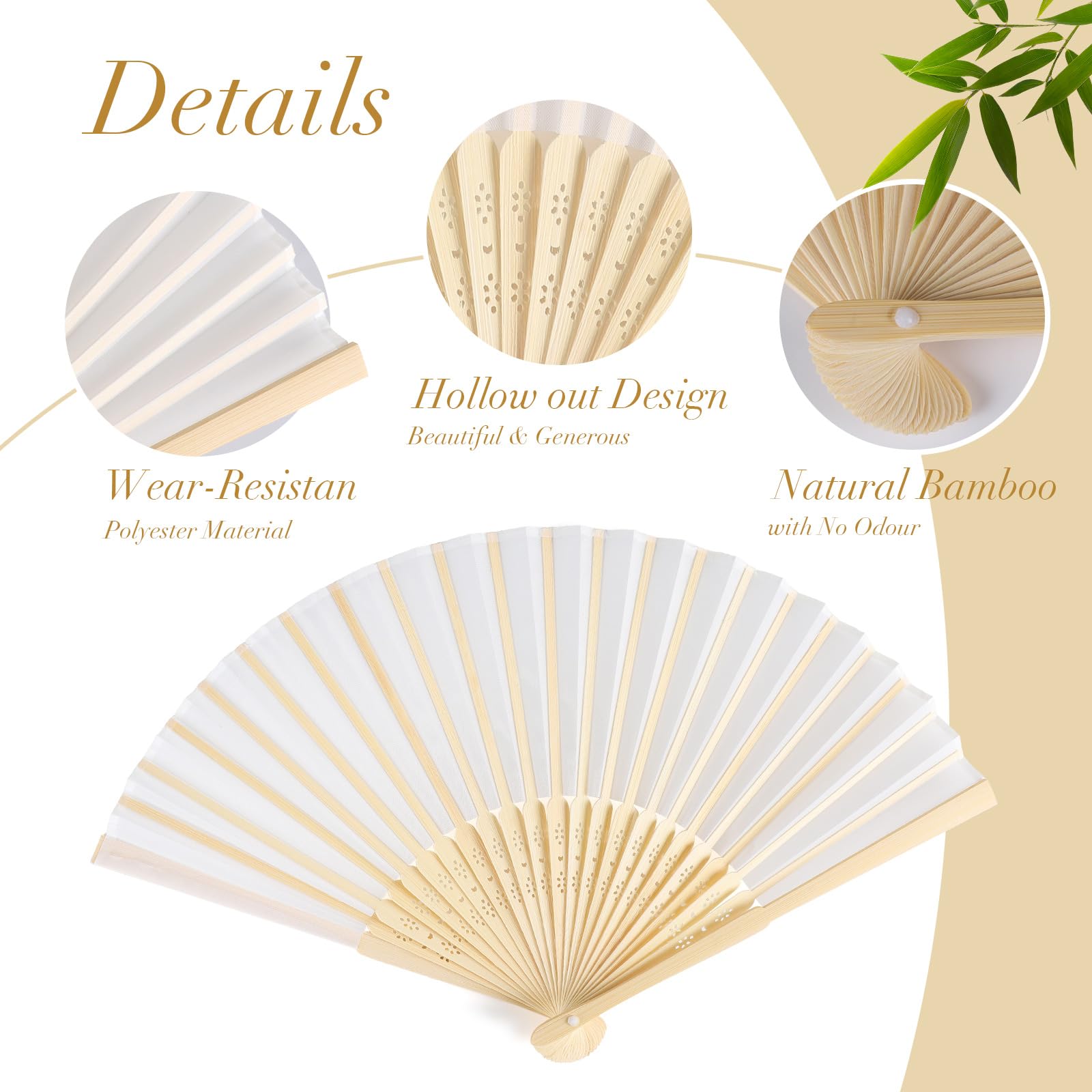 SWAWIS 60 Piezas Abanicos de Tela Blanco, Abanico Plegable con 60 Bolsas de Organza y Tarjetas de Agradecimiento, Ventiladores de Bambú para Bodas Bautizos Decoraciones Fiestas DIY