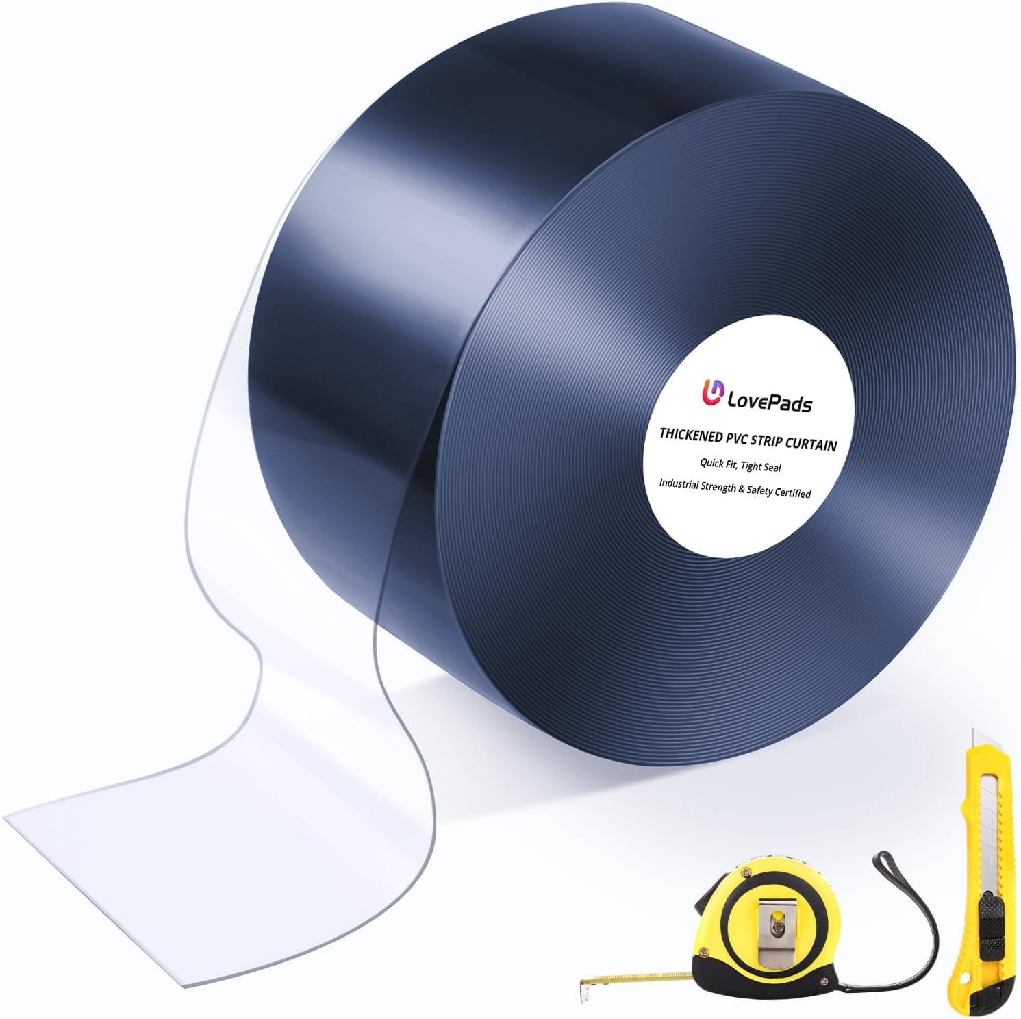 LovePads Clear PVC Strip Door Curtain with Knife & Tape Measure - Plastic Walk in Cooler Curtains, Thermal Freezer Cover for Commercial Warehouse & Garage, 12" x 96' Strips