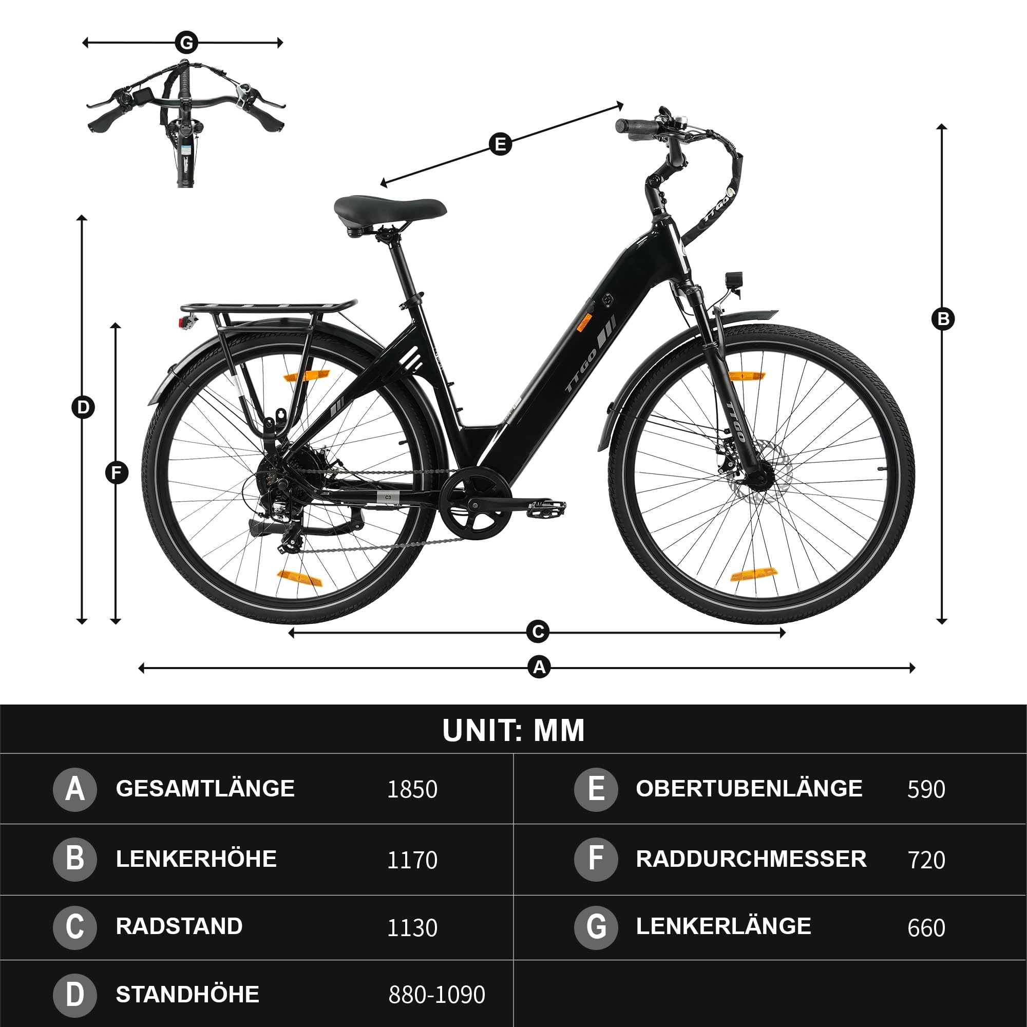 ttgo 28 Zoll E-Bike für Erwachsene, Elektrofahrrad 250W Motor 36V 18Ah Akku, 80–120 km Reichweite, 25 km/h City ebike mit 7-Gang Schaltung, LCD Display, E-Bike für Damen Herren, C3 SE