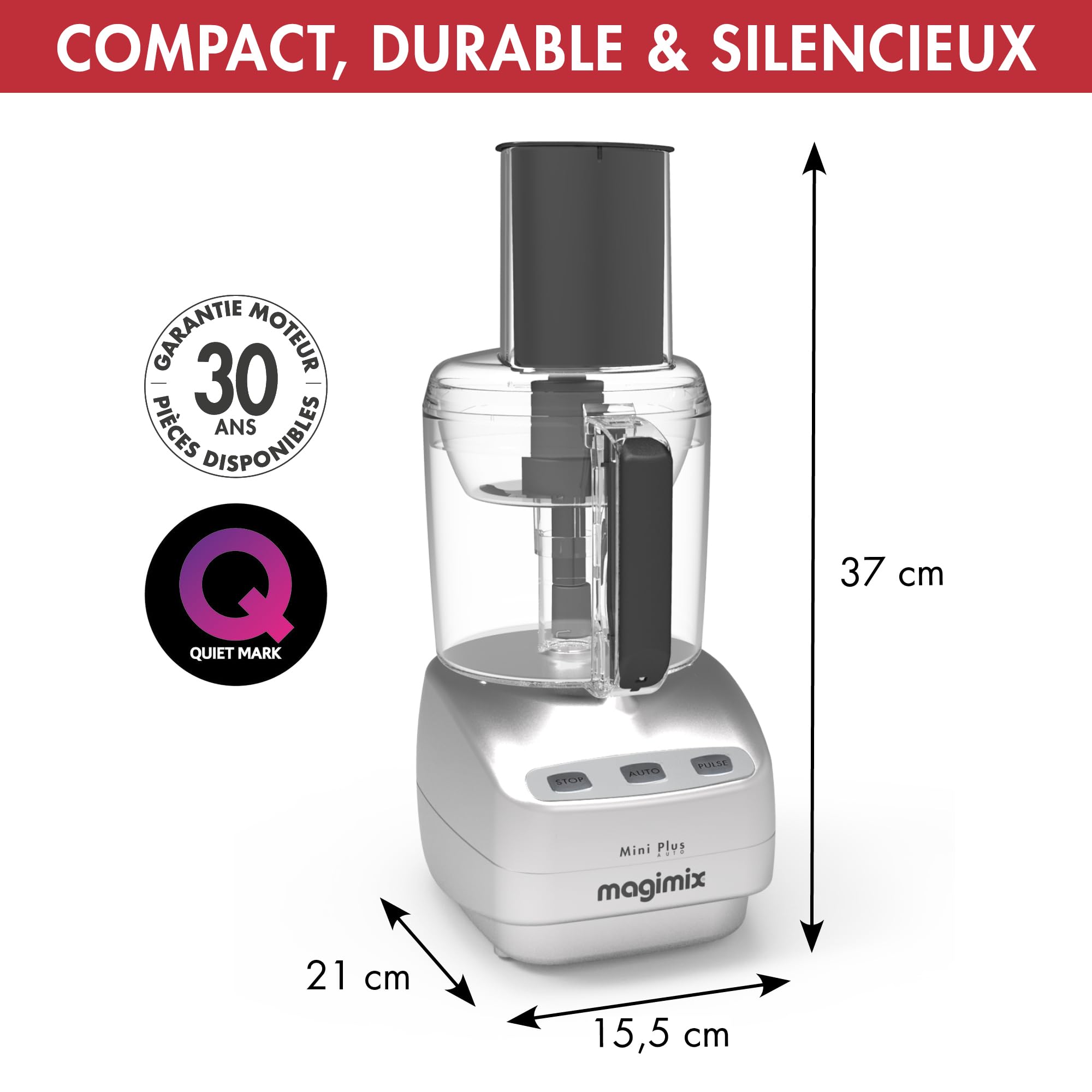 Magimix Robot de Cuisine Multifonction Mini Plus 1,7 L – Hachoir, Blender, Presse-Agrumes – Compact et Puissant – Idéal pour Petites Préparations – Chrome Brillant