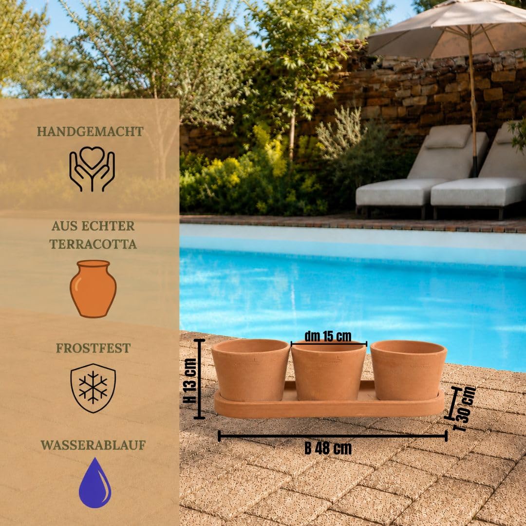 Palatina Werkstatt Kräutertopf Trio Terracotta mit Tablett 48x16x13 cm – 3 Kräutertöpfe Ø15 cm für Küche, Balkon & Garten, Pflanztopf Set für frische Kräuter innen und außen