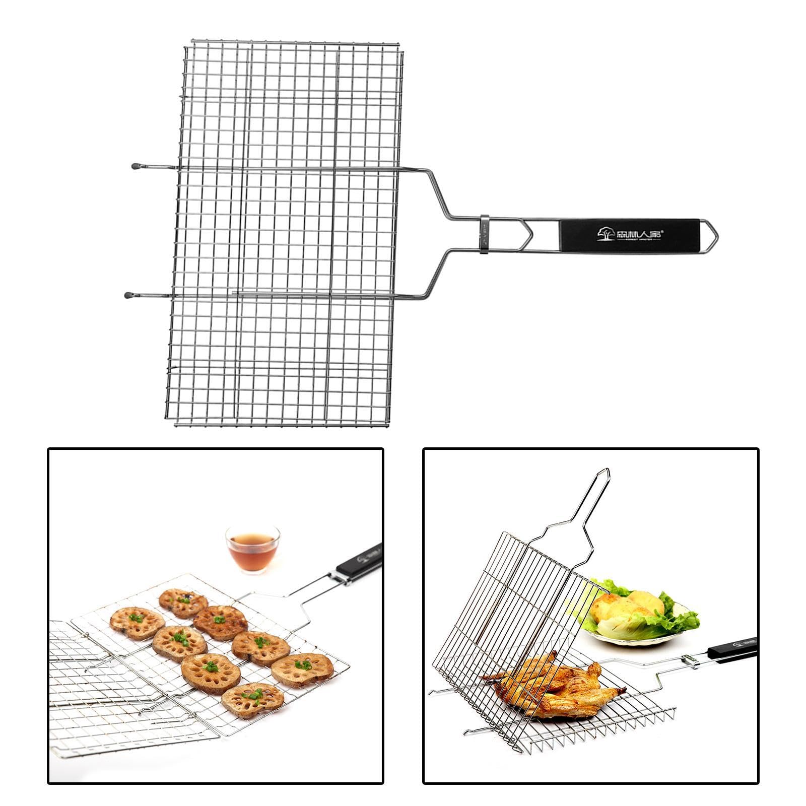 Cestino per griglia portatile, cestino per grigliare il pesce in acciaio Per inox con griglia bloccabile per cucinare all'aperto, reti pieghevoli, Argento, 62.5x42 cm