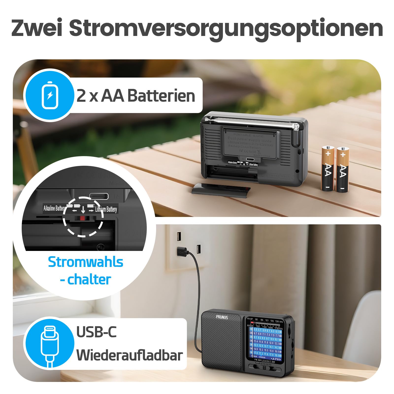 PRUNUS J-711 FM/AM/SW Weltempfänger Radio mit Akku, Radio Batteriebetrieben AA-Batterien & USB-C-Laden, Transistorradio mit Exzellentem Empfang, Taschenradio mit Lanyard zum Joggen, Reisen (Schwarz)