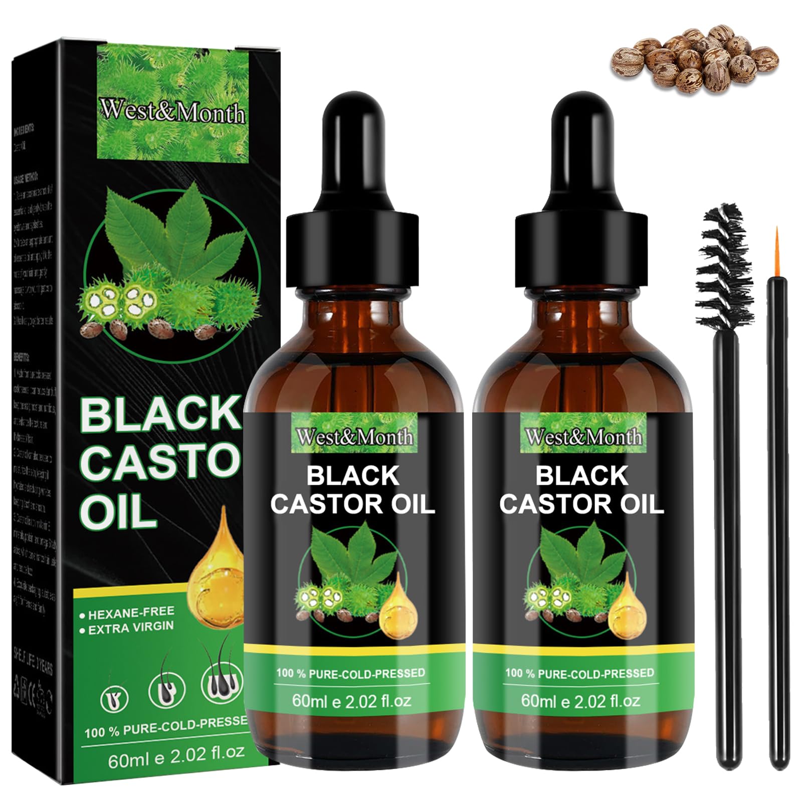 MILIAFLICK Aceite de Ricino 2 Piezas Castor Oil Prensado en Frío 60 ML Aceite de ricino negro puro prensado en frío para cabello pestañas y cejas