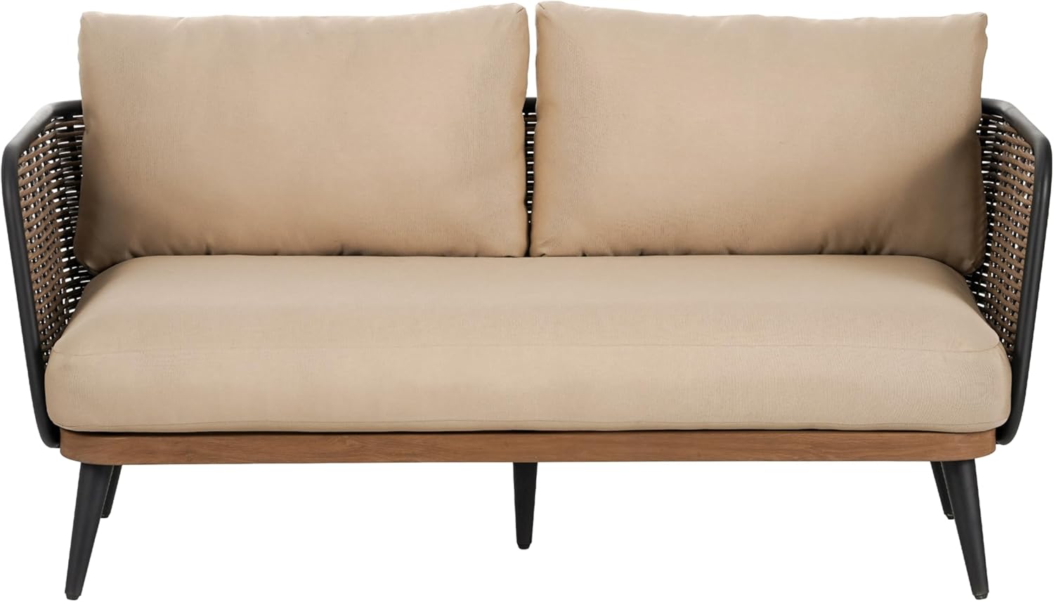 Christopher Knight Home Tobin Patio Loveseat, Outdoor 2-Seater Lounge Sofa, Woven Wicker Faux Rattan Accents, Iron Frame, Removable Water-Resistant Cushions, Porch/Backyard/Balcony, Beige+Black+Brown