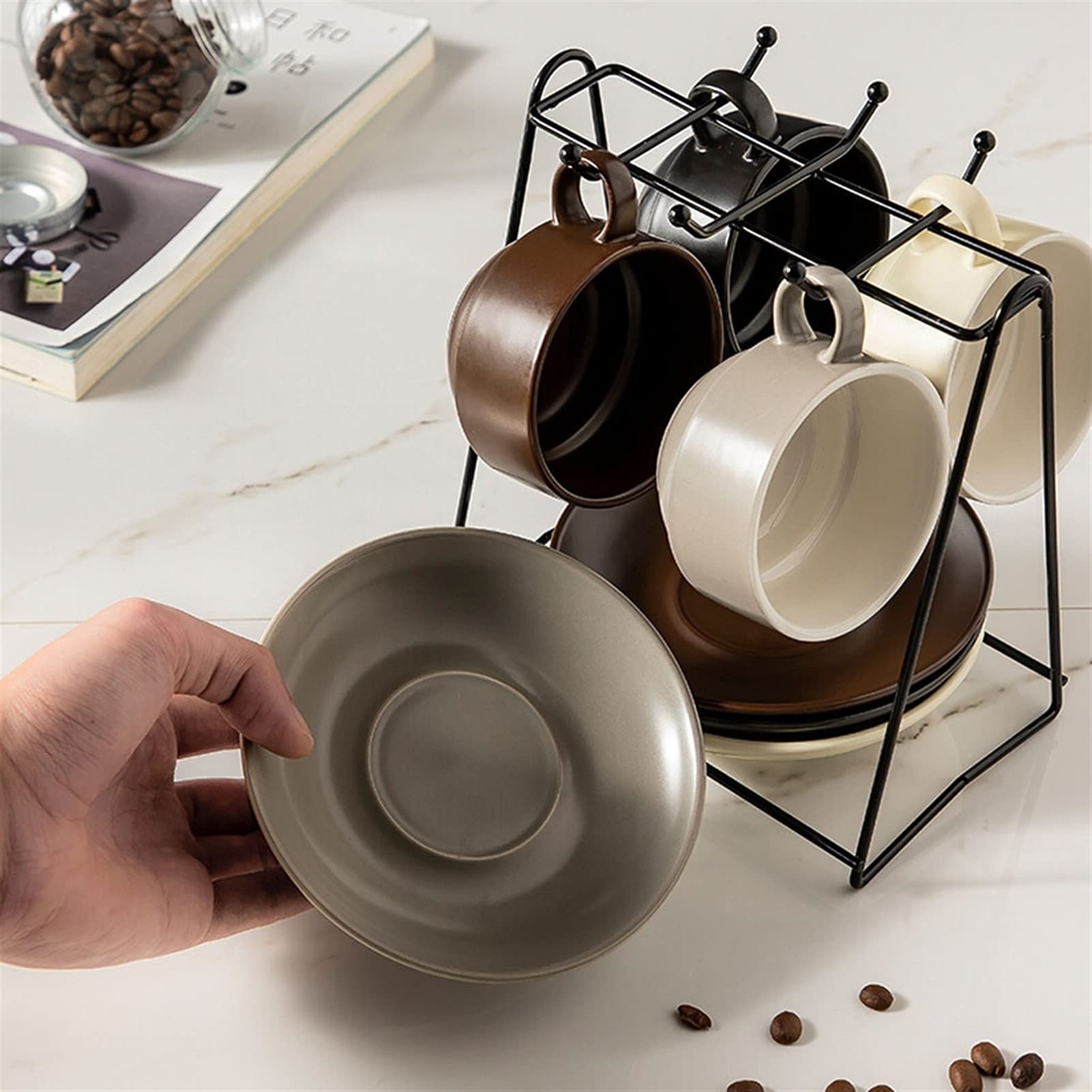 Kubek do kawy ceramiczny kubek do kawy spodek uchwyt na kubek zestaw 8 z łyżeczką do kawy i uchwytem na kubek do kawy, odpowiedni do kawy, popołudniowej herbaty