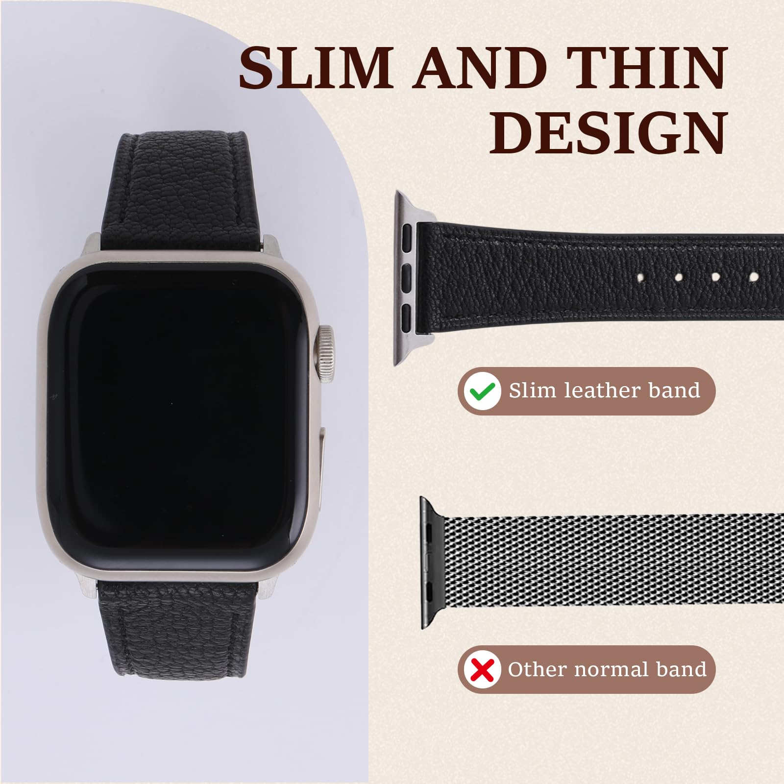 Cinturino sottile da donna in morbida pelle di capra francese, compatibile con Apple Watch da 38 mm, 40 mm, 41 mm, 42 mm, 44 mm, 45 mm, 46 mm, 49 mm, cinturino di ricambio sottile in pelle per iWatch