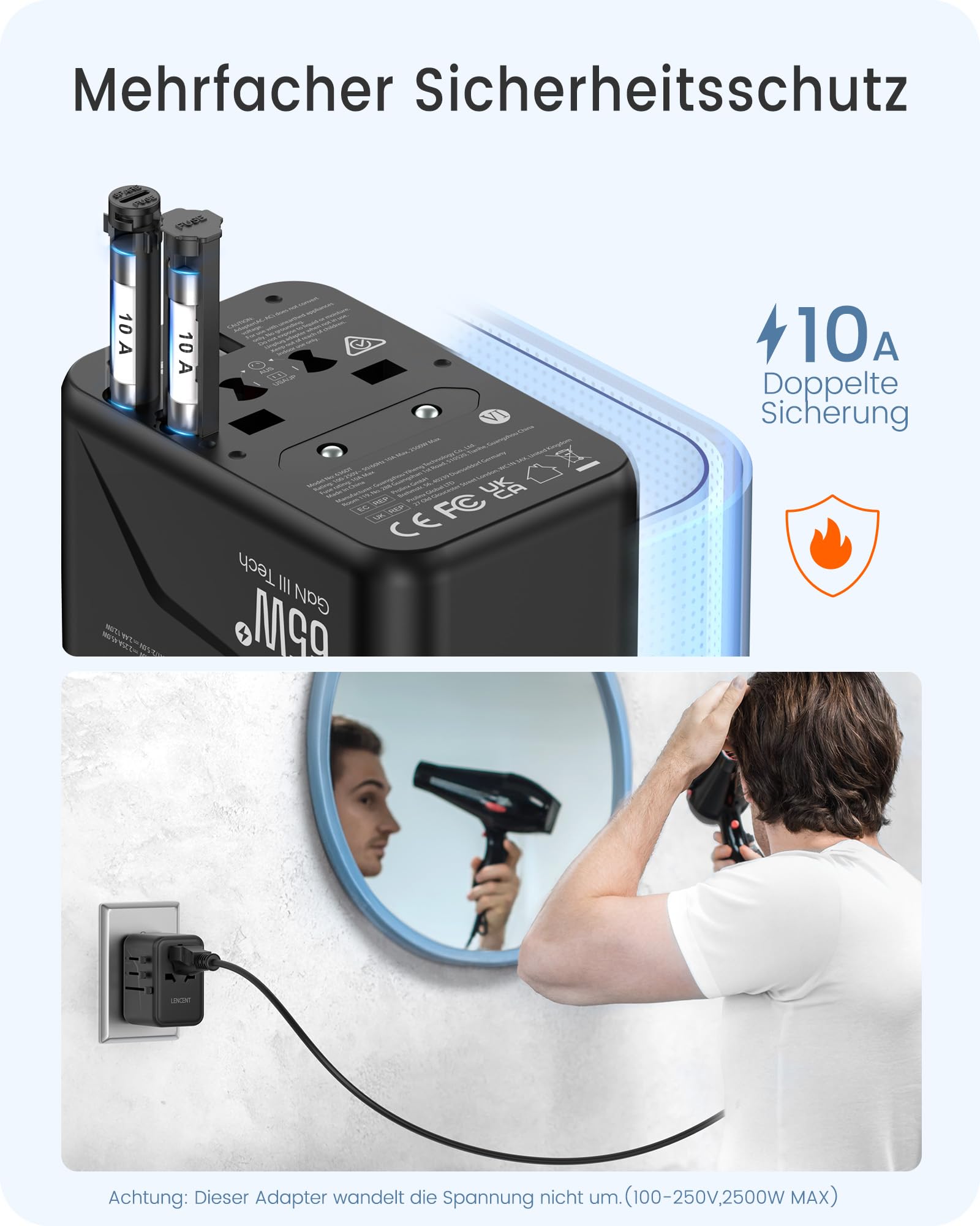LENCENT Universeller Reiseadapter, GaN III 65W Internationales Ladegerät | mit 2 USB-A&3 Typ-C PD Schnellladung, Weltweiter Reisestecker Adapter für Typ A/C/G/I (USA/UK/EU/AUS) Steckdosen, Schwarz
