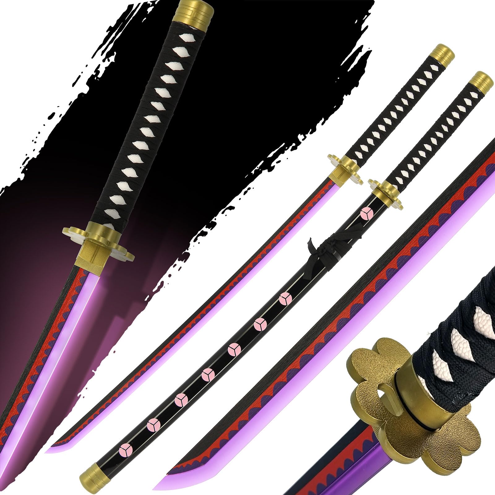 Anime Wood Bamboo Swords With LED Light-Up Blade Anime Replica Halloween Cosplay 104cm Blunt Prop (Zero Black)