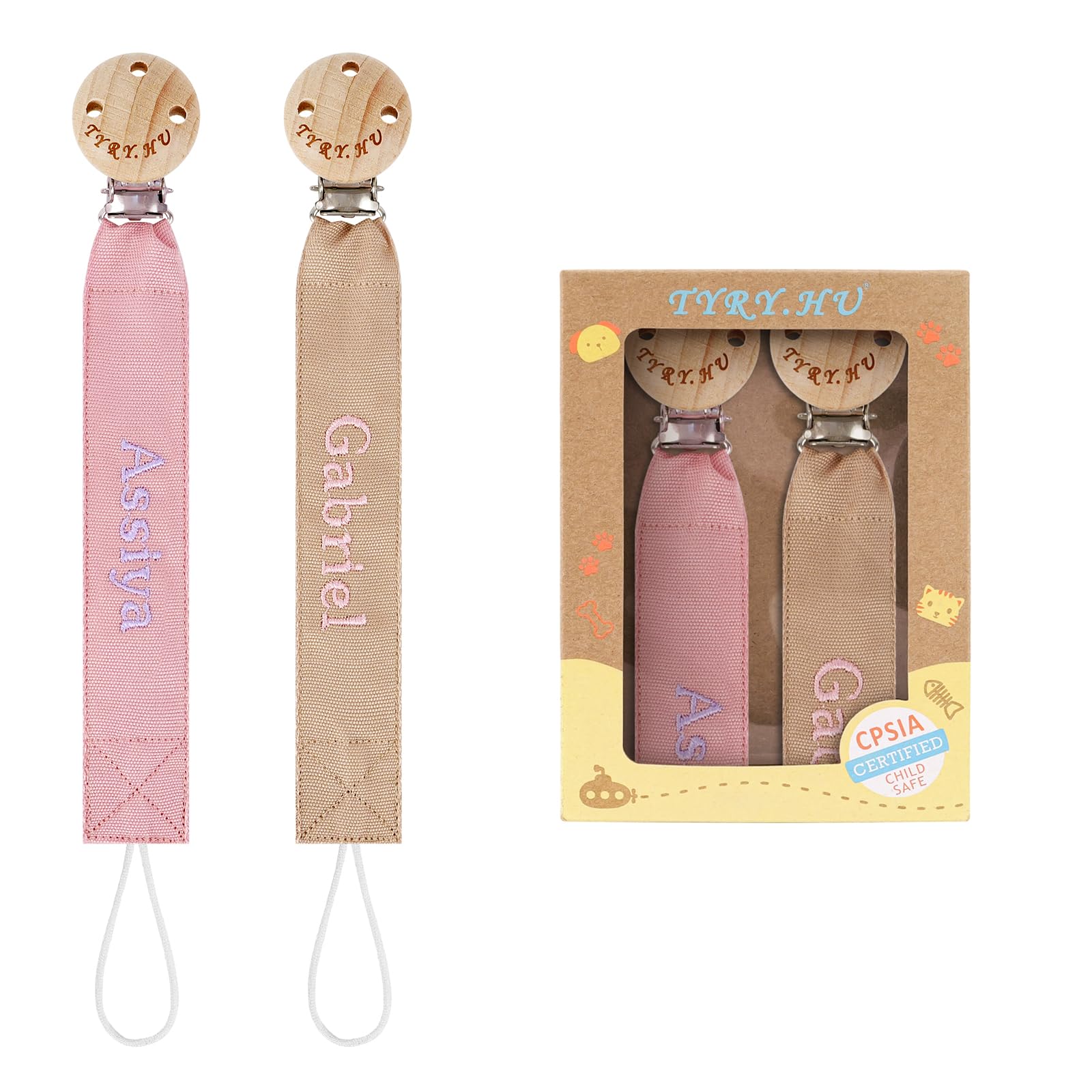TYRY.HU Personalised Dummy Clips Boys Girls 2Pack Pacifer Chain Holder Set Soft Webbing DIY Customized Name Unisex Newborn Universal Dummies Baby Shower Pink+Khaki