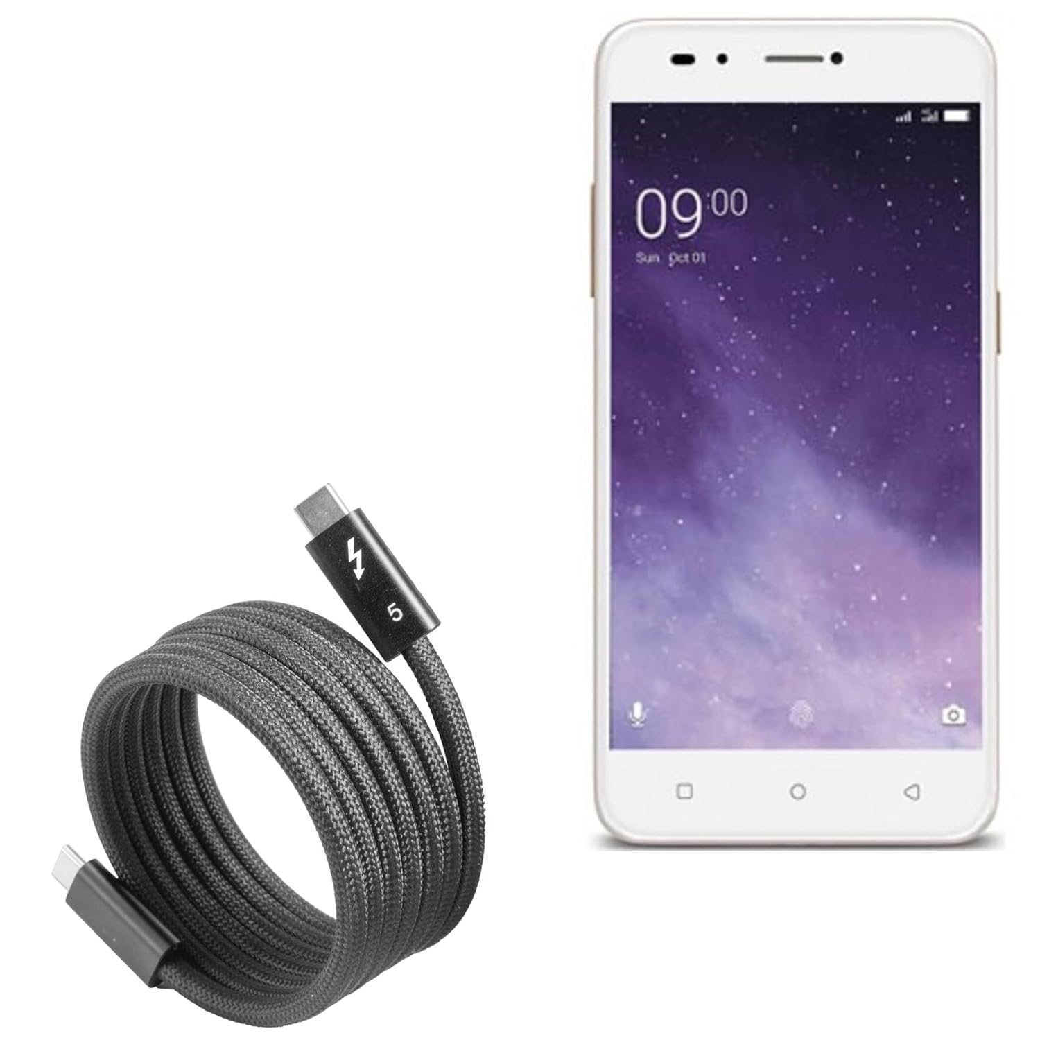 BoxWave Cable Compatible with Lava Z90 - SnapWrap Thunderbolt 5.0 Cable (5ft 240W), Magnetic Self-Coiling Nylon Braided Retractable - Jet Black