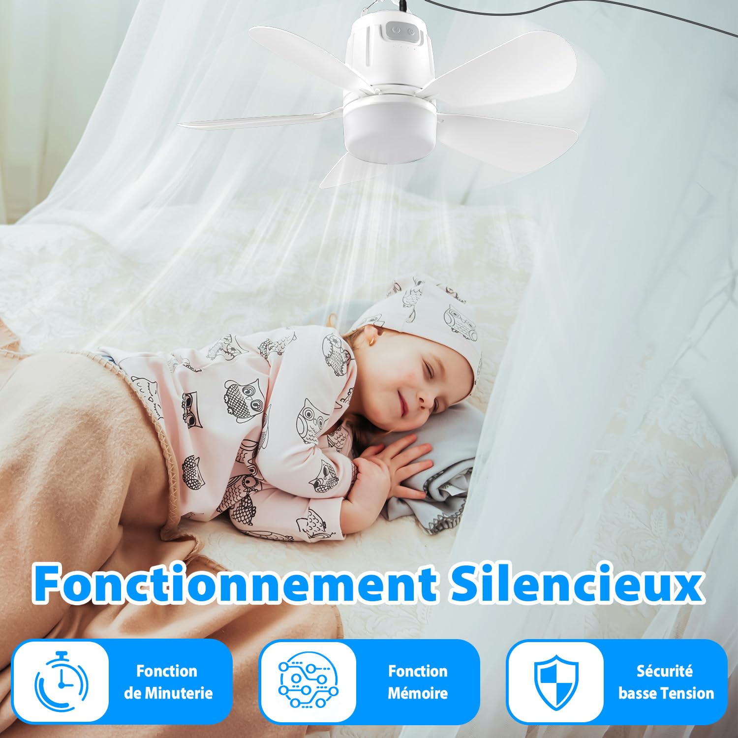 Gliztech Ventilateur Plafond 50cm Avec Lumiere Prise 5m Télécommande Silencieux