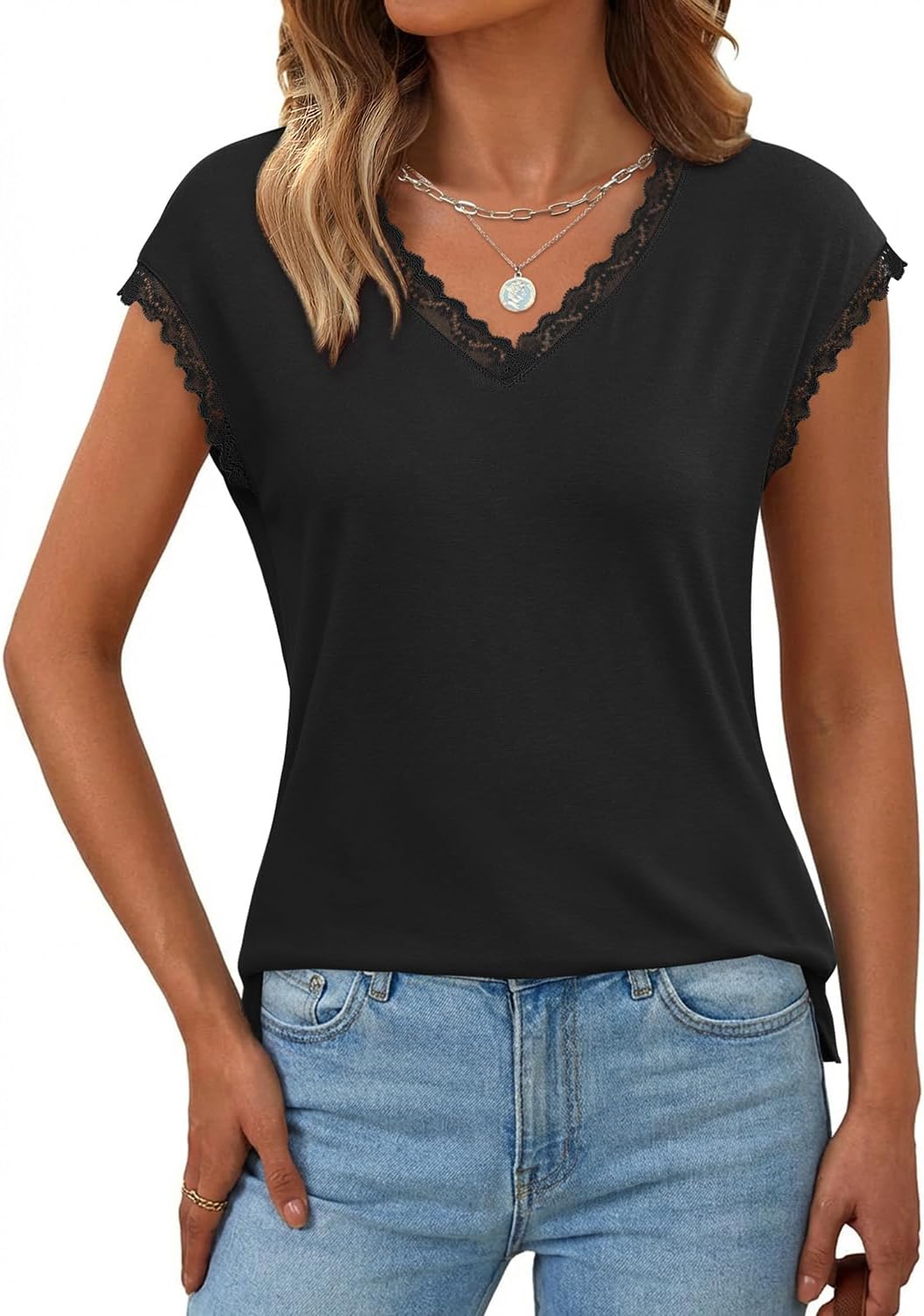 JUSTFASHIONNOW Lace Blouse Soft Cap Sleeve Tops for Women Summer V Neck Tank Tops Dressy Casual Shirts Trendy Clothes