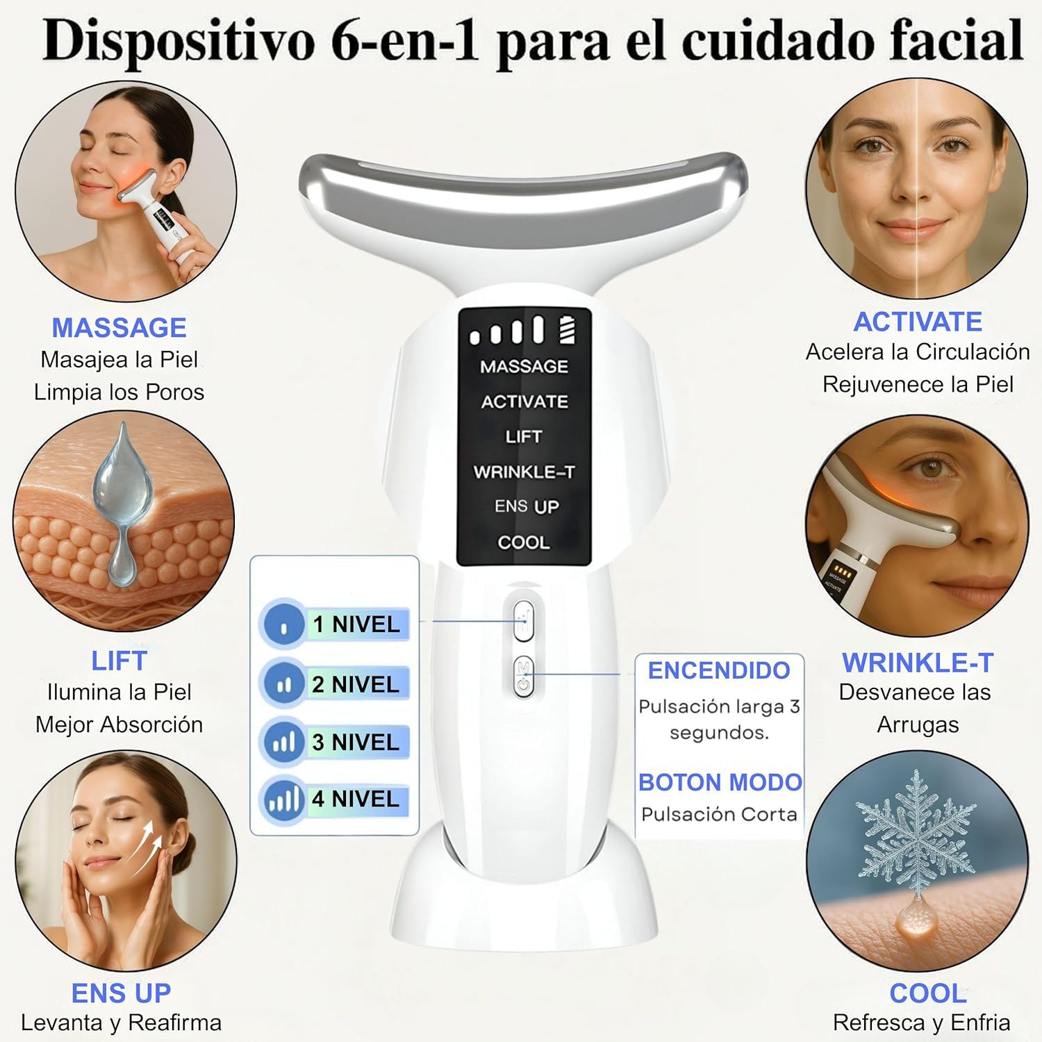 Rejuvenating Face Massager 6 in 1 Face and Neck Lift Firming and Anti-Wrinkle, Double Chin Reducer, Electrostimulator Massage With LED Light, Brightens and Restores Skin