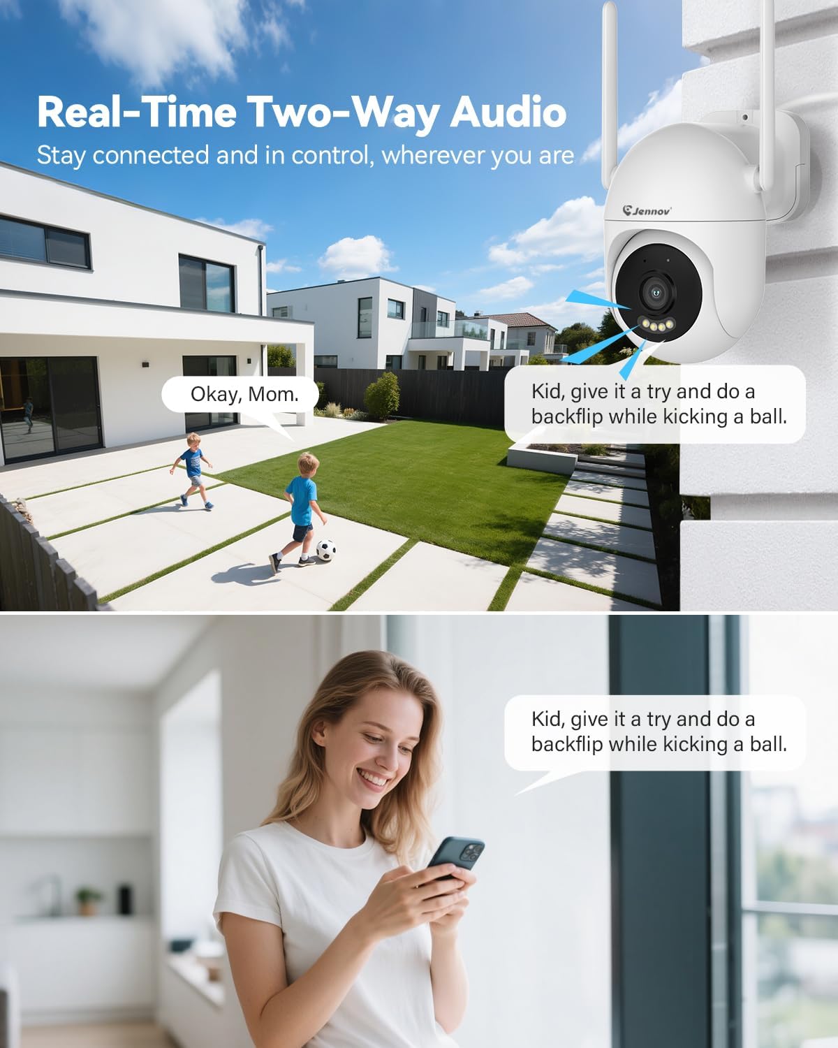 Image showing a security camera with two-way audio functionality, allowing communication between a person viewing the feed on a phone and individuals near the camera.