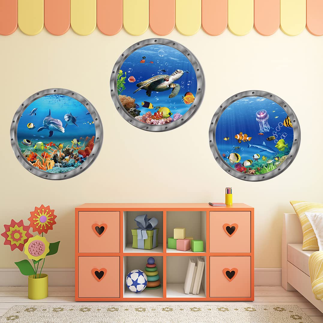Ocean Animals World Under Sea Decor w zestawie żółwie morskie delfiny ryby 3 szt. usuwalne naklejki winylowe 3D do łazienki, dekoracji ścian, naklejek ściennych, sypialni, mebli