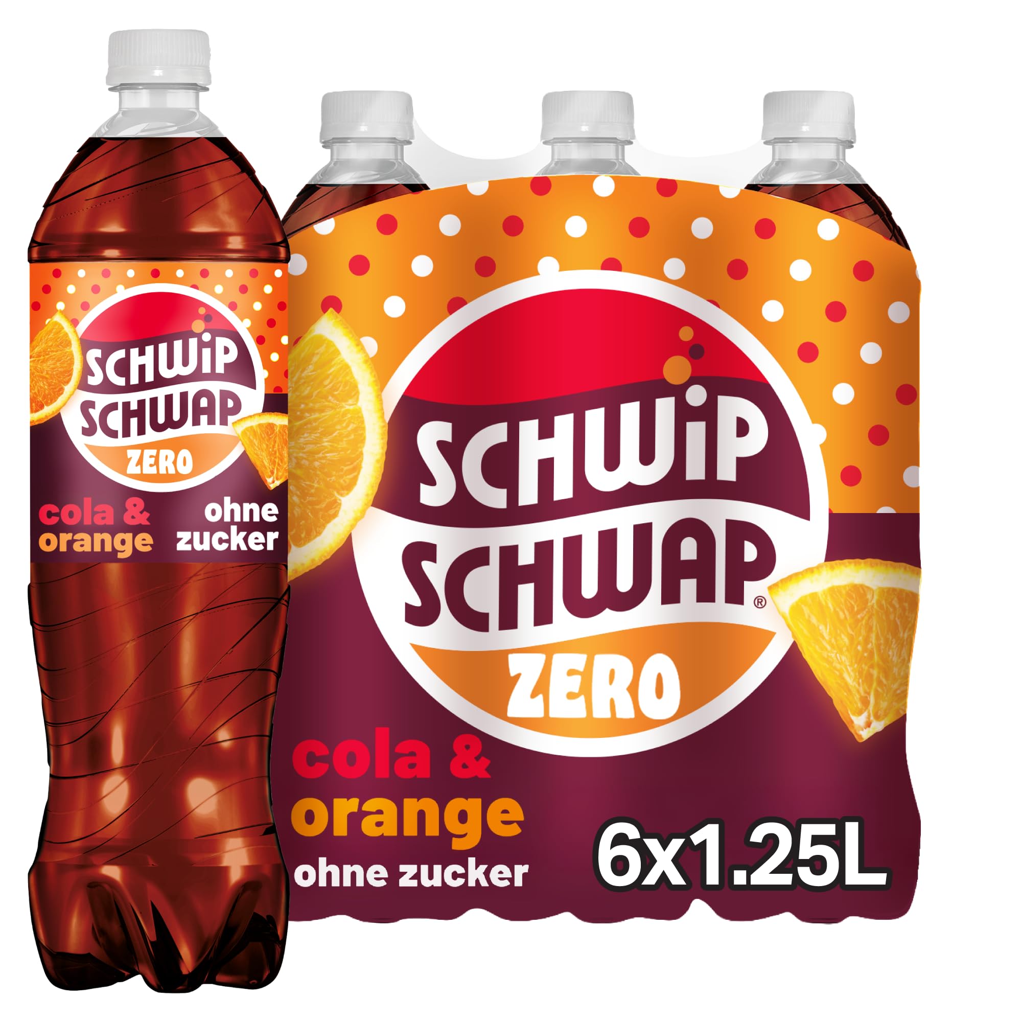 SCHWIPSCHWAP ohne Zucker – Koffeinhaltiges Cola-Erfrischungsgetränk mit Orange in Flaschen aus 100% recyceltem Material, EINWEG (6 x 1.25 l)