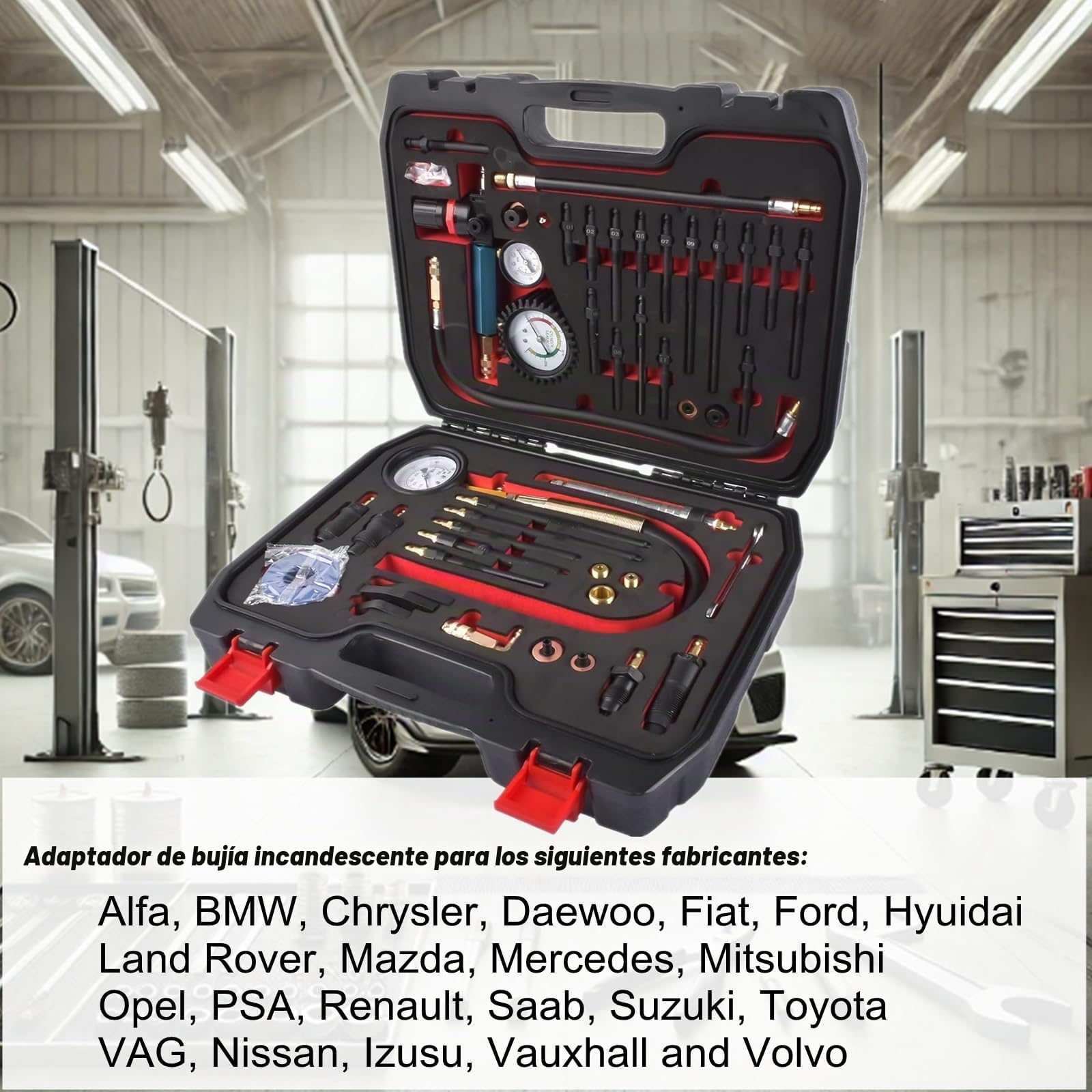 Comprobador de compresión profesional Comprobador de pérdida de presión Comprobador de motor compatible con motores diesel y gasolina, Con 34 adaptadores diferentes, 725 PSI
