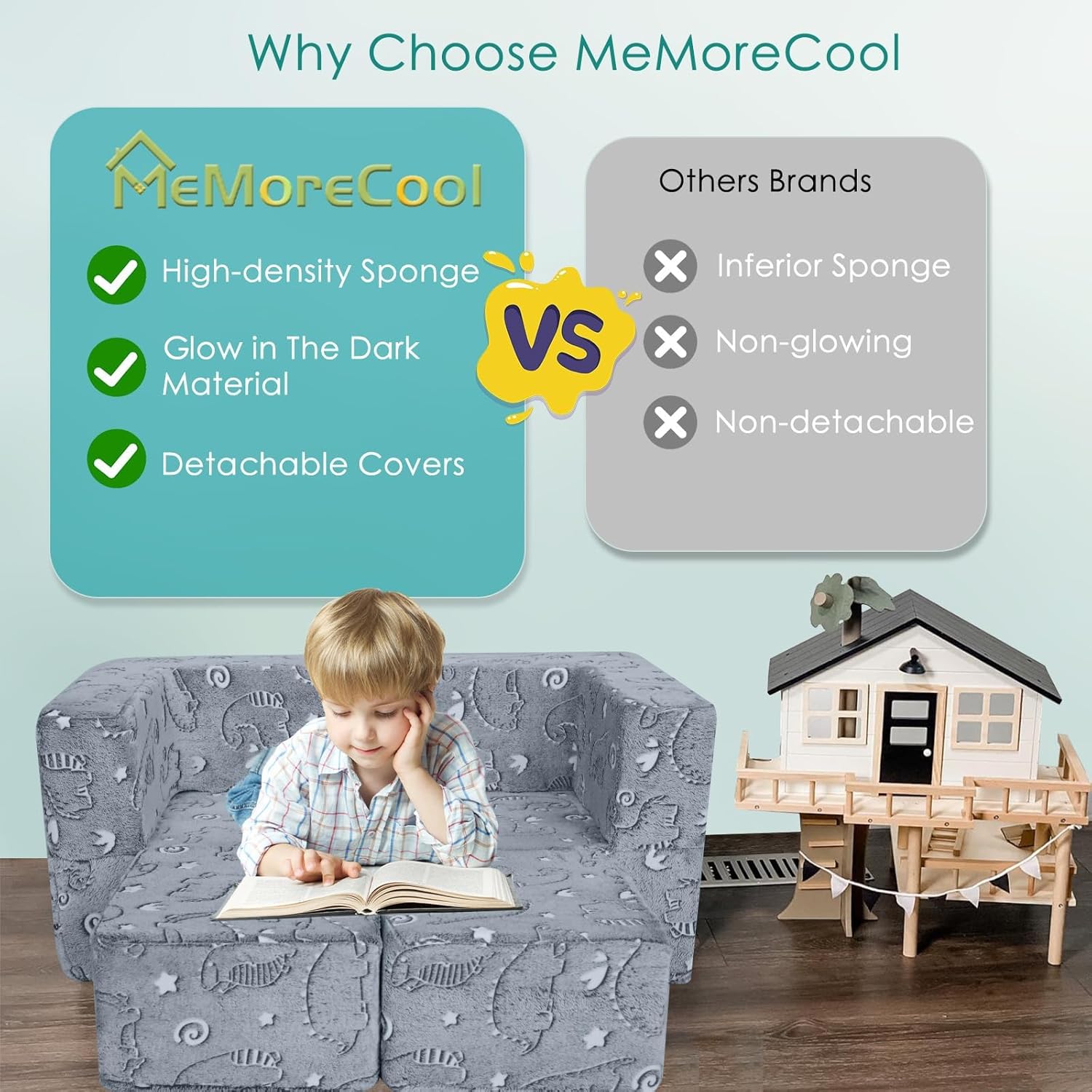 MeMoreCool Dinosaur Glow Foam Kids Play Couch Set, Gray Modular Sofa & Lounger – Glow-After-Light Dinosaur Pattern, Machine-Washable Cover - Image 4