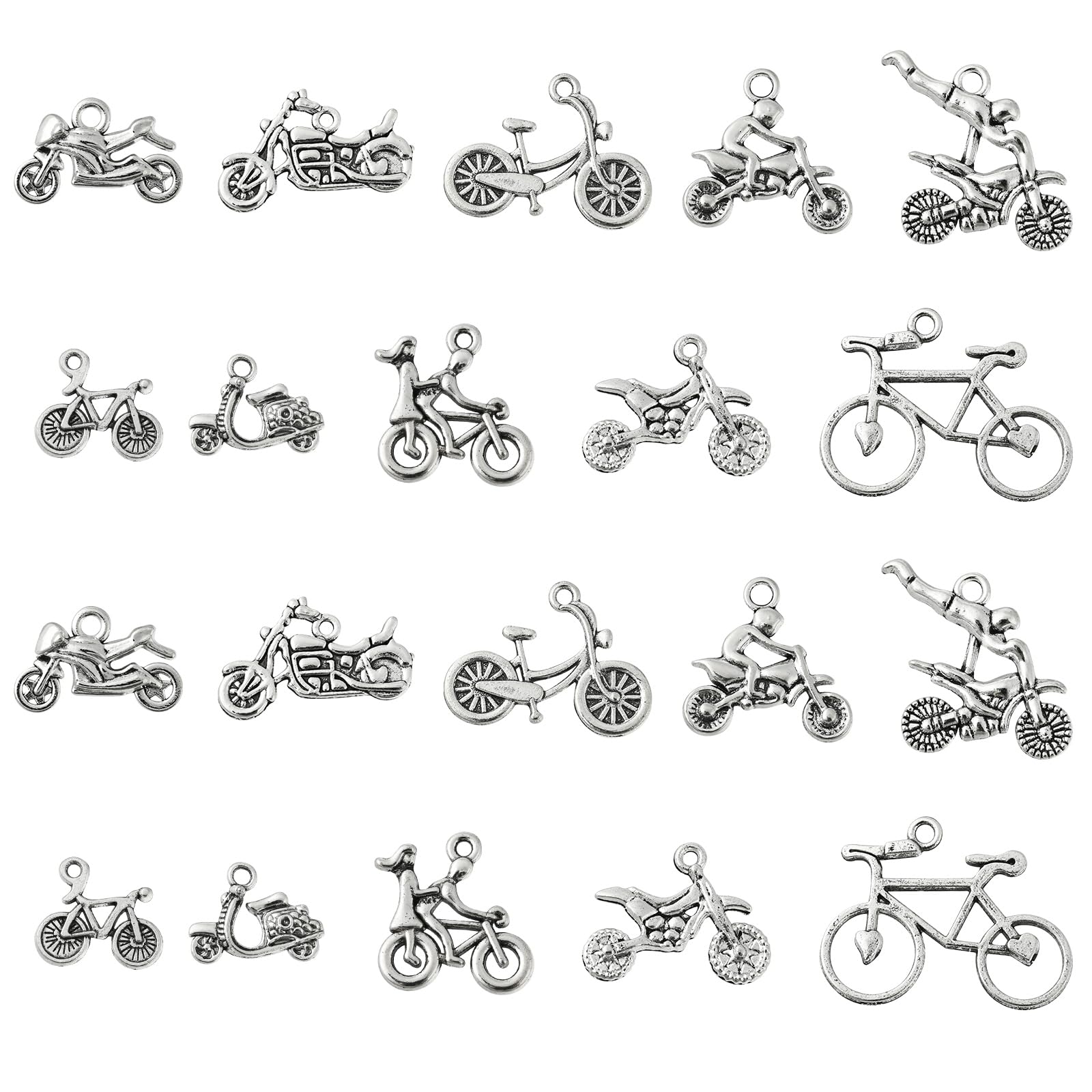 Stiesy 100Pcs 10 Styles Tibetan Silver Bicycle Charms Vintage Motorbike Pendant Charms Antique Transportation Vehicles Charm for Jewellery Making DIY Bracelet Crafting