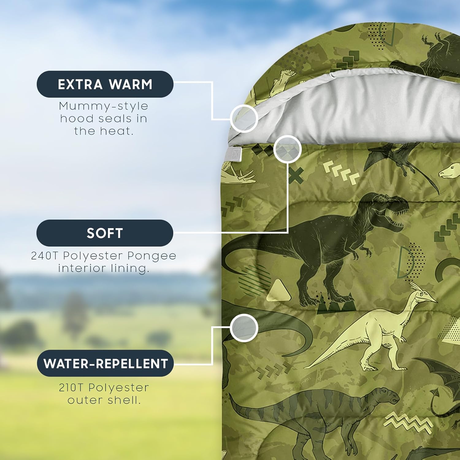 Wake In Cloud - Kids Sleeping Bag for Boys Toddlers, Camping in Warm Cold Weather, Backpacking Lightweight Compact Outdoor Liner for 3 Seasons, Colorful Dinosaur Graffiti - Image 3