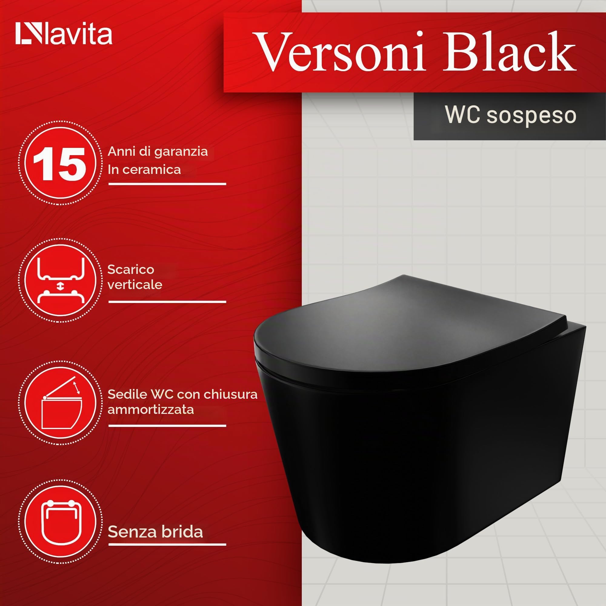 LAVITA WC da parete Versoni Black, coperchio per WC con abbassamento automatico e cerniere in metallo, WC sospeso, sistema di risciacquo Tornado 2.0, nero