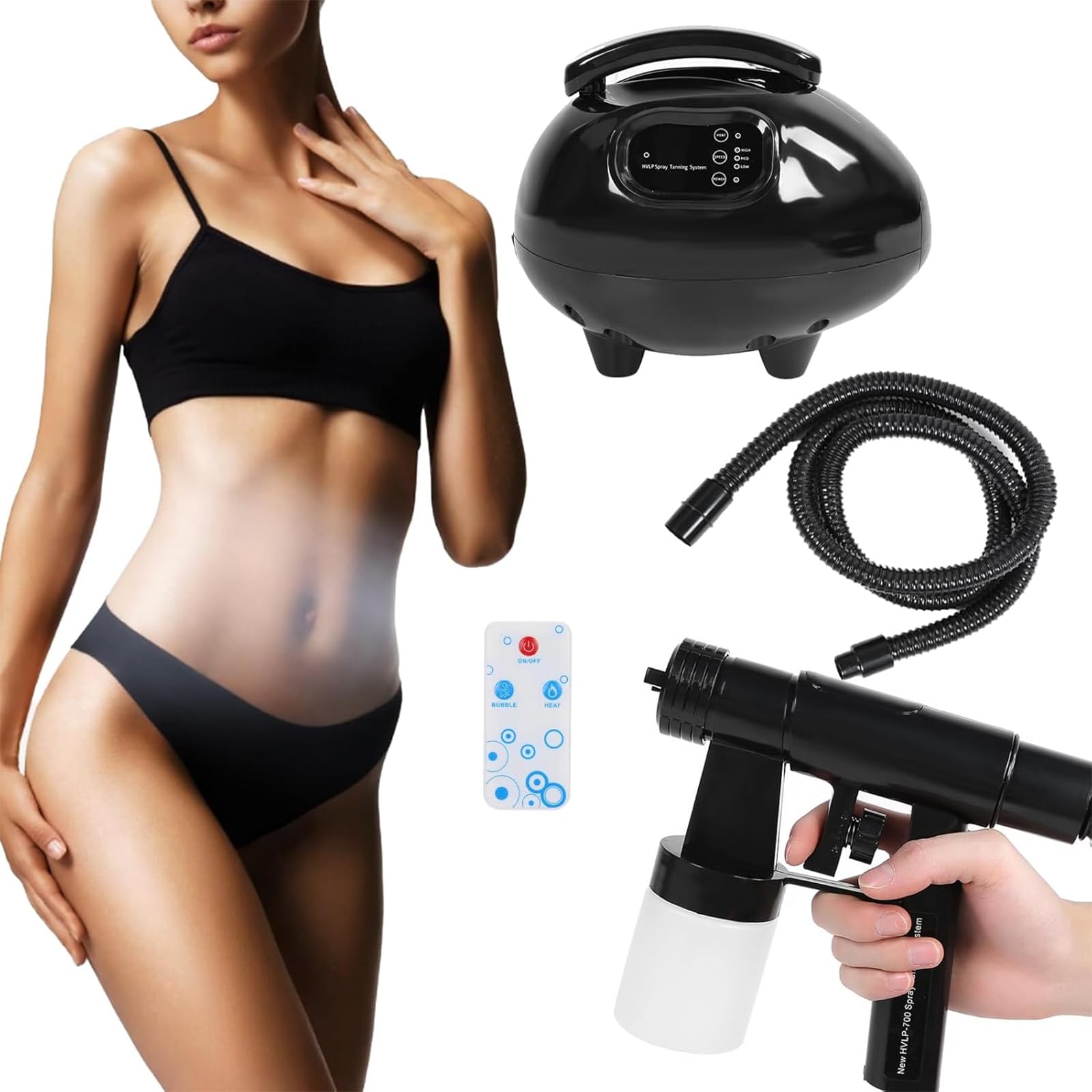 TsoLay Bräunungsspray, 700 W Tragbares Bräunungsgerät Mit Airbrush Und Schlauch, Fernbedienung, 3 Geschwindigkeitsstufen, 100 Ml Fassungsvermögen, Gleichmäßiges Sprühen, Für Den Heimsalon