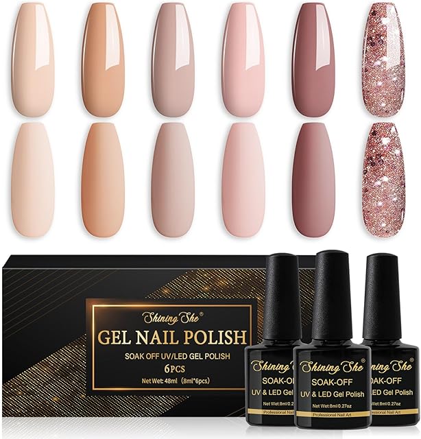 Shining She Gel Nail Polish, 6 Colours Nude Pink Champagne Glitter Gold Pastel Gel Polish Set Soak-Off UV/LED Nail Polish Gel Gift for Nail Art Salon DIY Home, 8ML