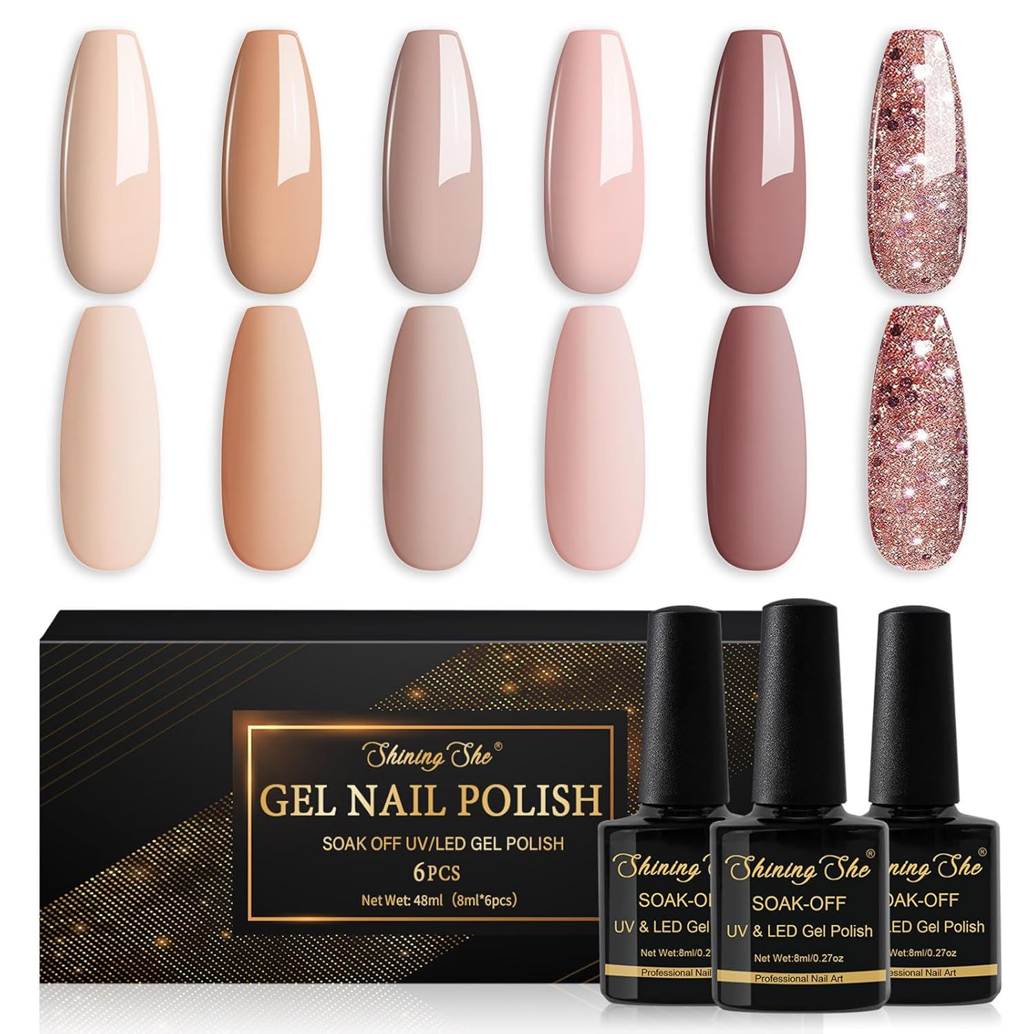 Kann Man Normalen Nagellack Mit Uv Gel Versiegeln Shining She UV Nagellack Nude, 6 Farben Nude Rosa Braun Beige Glitzer