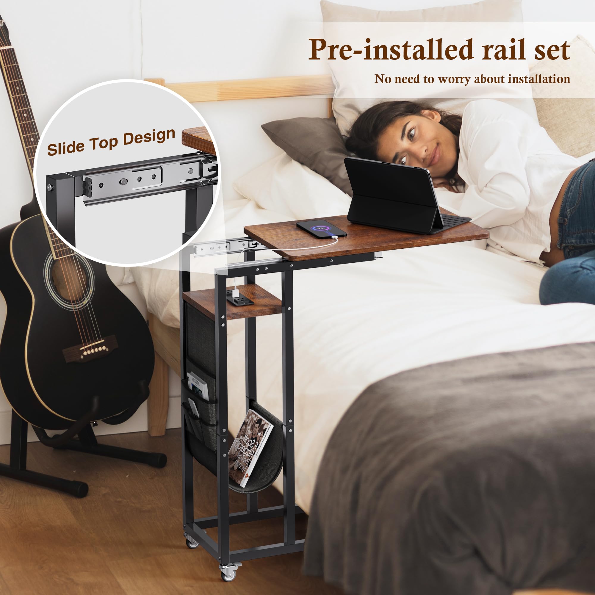 Colima C Shaped Slide Cover End Table with Charging Station, Narrow