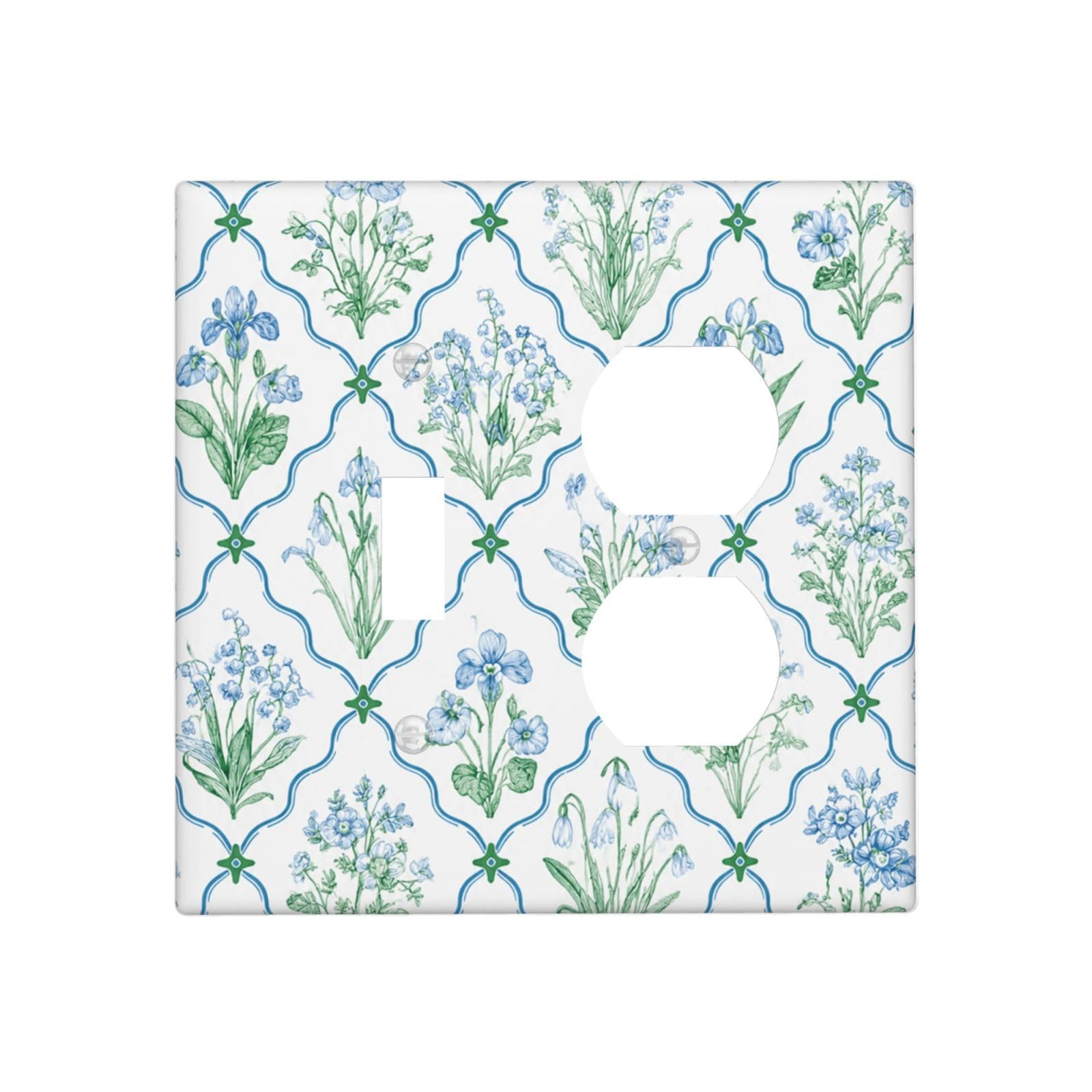 Dwbguo Cottagecore Botanical Decorative Outlet Covers Vintage Blue Green Botanical Wildflower Grid 2 Gang Wall Plate Single Toggle Duplex Combo Light Switch Covers Switch Plate Cover For Farmhouse Kitchen Decor
