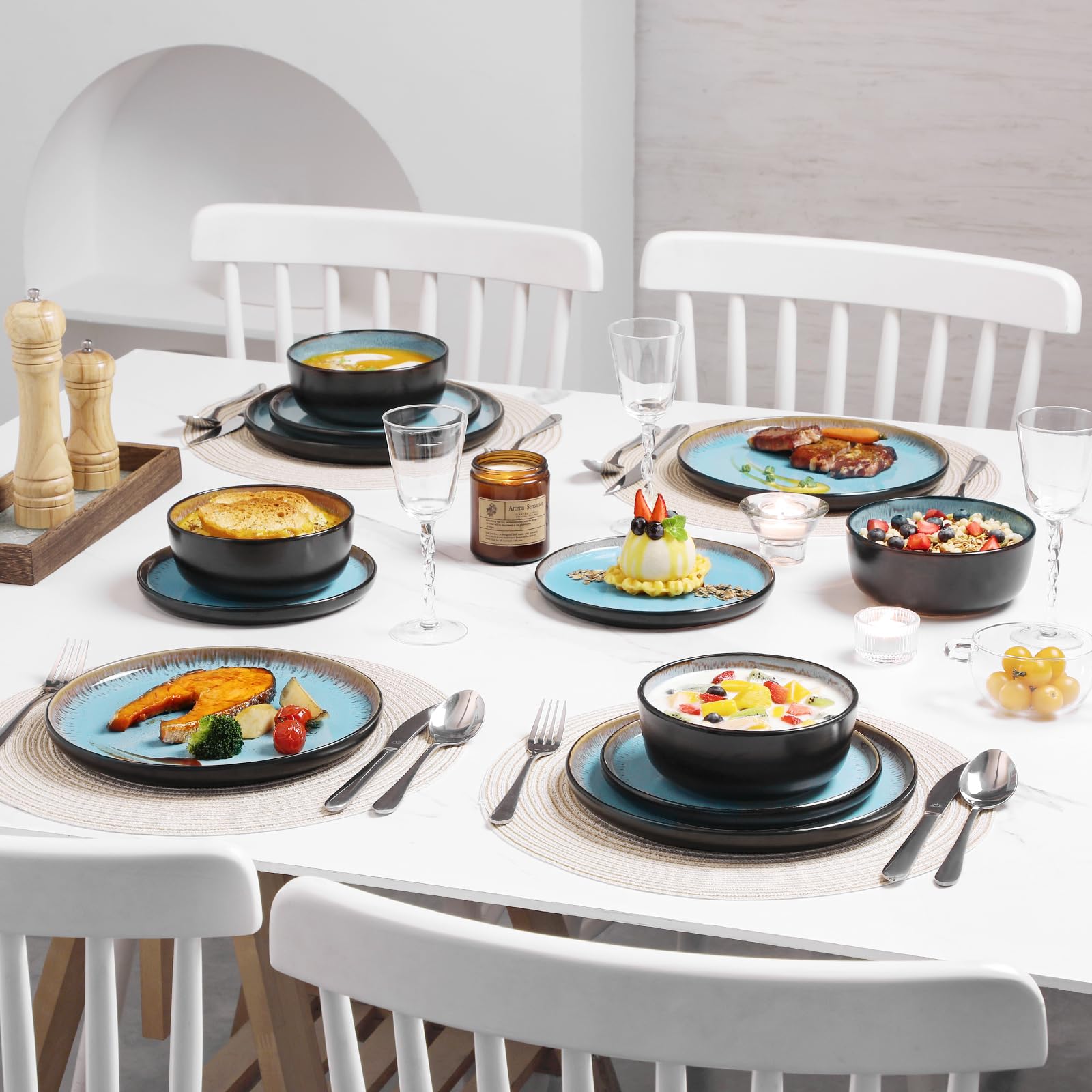vancasso Zestawy talerzy i misek, 18 sztuk kamionkowych zestawów obiadowych dla 6 osób, zestaw naczyń kuchennych Mircowave i nadaje się do mycia w zmywarce ceramiczne naczynia, niebieski, seria AMBER